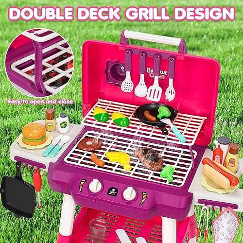 Miniatura 2 de Juguetes de cocina para niños, juego de parrilla de barbacoa para niños con luz de sonido ahumado, juguete de barbacoa de 2 capas con ruedas,