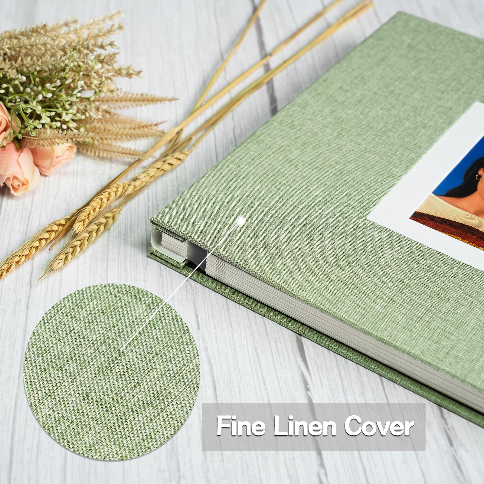 Vienrose Álbum de Fotos Autoadhesivo para Fotos de 10x15 Álbum de Recortes Diy 40 Páginas Cubierta de Lino Libro de Recuerdos para Bodas, Crecimiento Del Bebé, Viajes, Hierba Verde