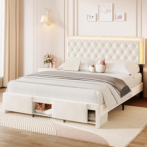 Miniatura 10 de Base de cama tamaño Queen, marco de cama LED Queen con cabecero y armarios de almacenamiento, marco de cama tapizado de terciopelo Queen con Blanco