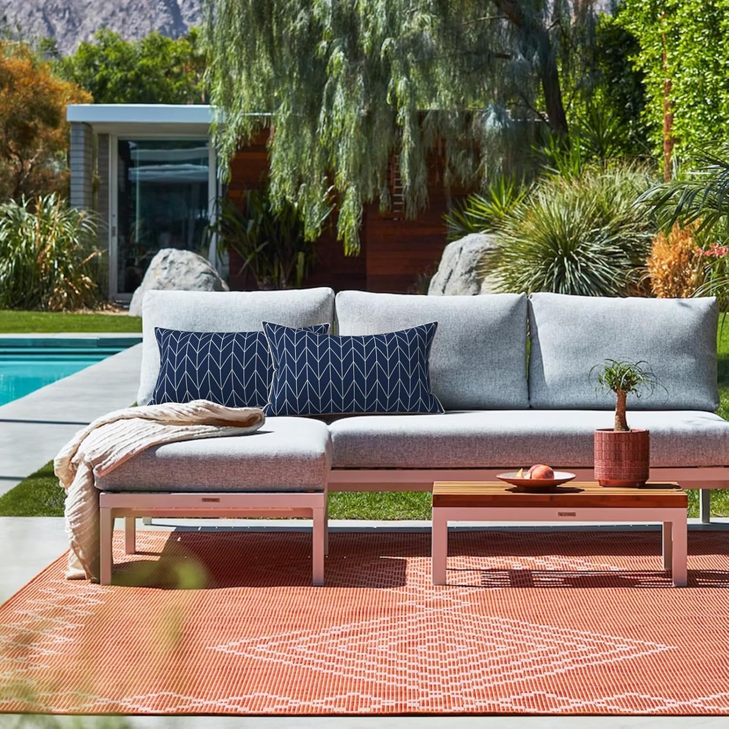 LVTXIII Set of 2 Outdoor Lumbar Pillows for Patio Furniture with White Piping, 12"x20" Fade Resistant Patio Lumbar Pillows with Inserts for Home Coach Sofa Use, Herringbone Navy