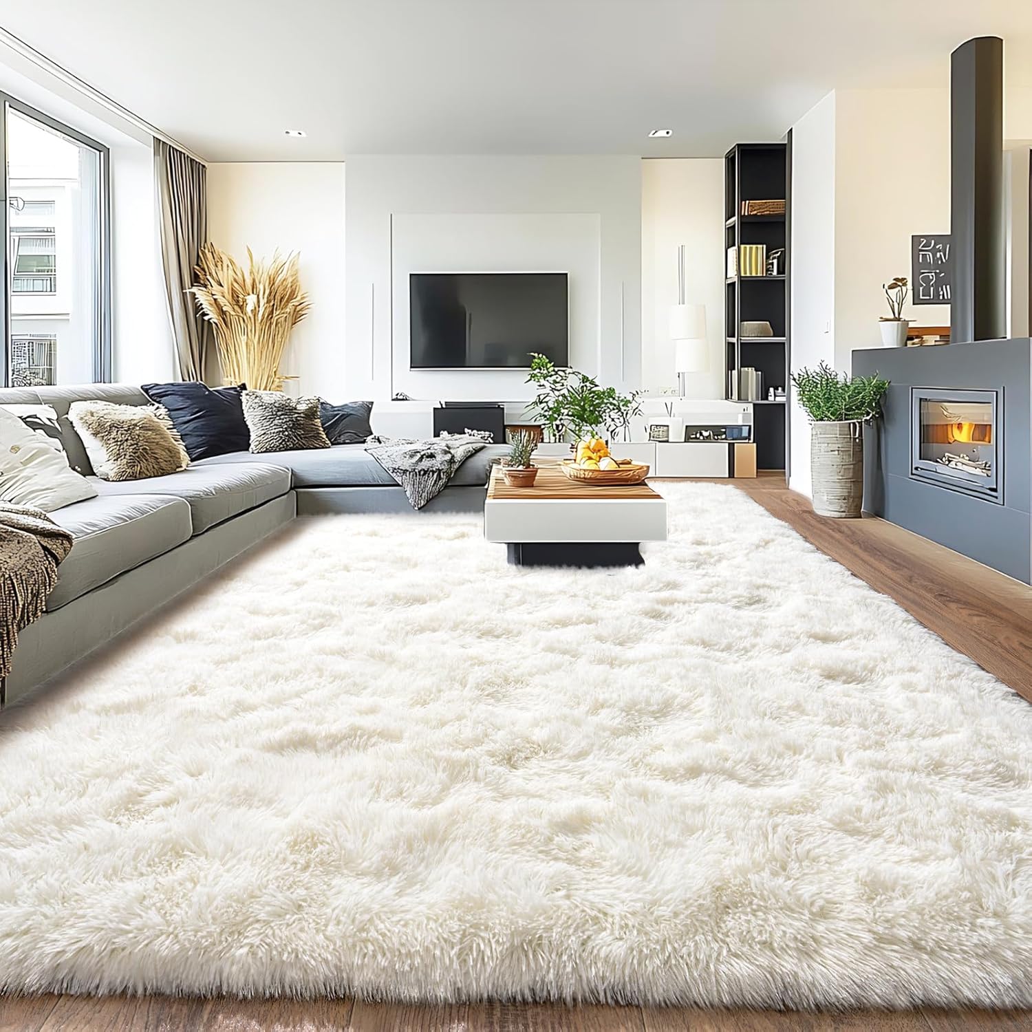 8x10 Rug for Living Room, Fuzzy Plush Large Area Rug, Fluffy Modern Shag Non Slip Soft Furry Carpet for Bedroom Kids Room Nursery Teens Dorm Home Decor, Cream White 8' x 10' (Rectangular) Cream White