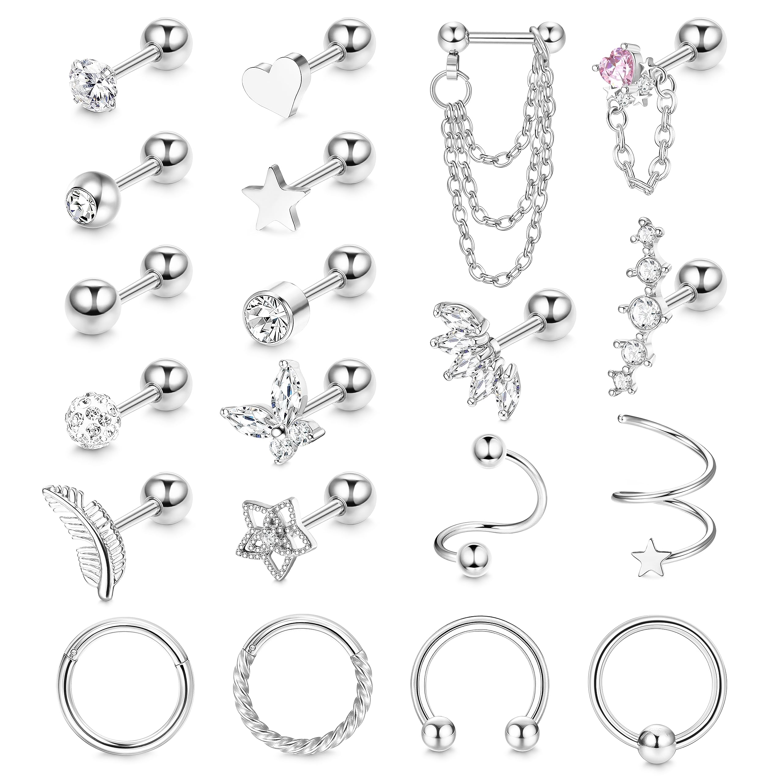 JeweBella 20 Piezas 16G Pendientes Cartílago Plata/Oro Piercing Oreja Acero Quirurgico para Mujer Pluma Estrella Corazón Aro Pendientes Conjunto Piercing Oreja Helix Tragus Conch