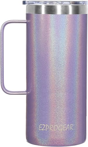 Ezprogear Taza de café de acero inoxidable de 40 onzas, vaso de doble pared aislado al vacío con asa, tapa y popotes (40 onzas, violeta brillante)