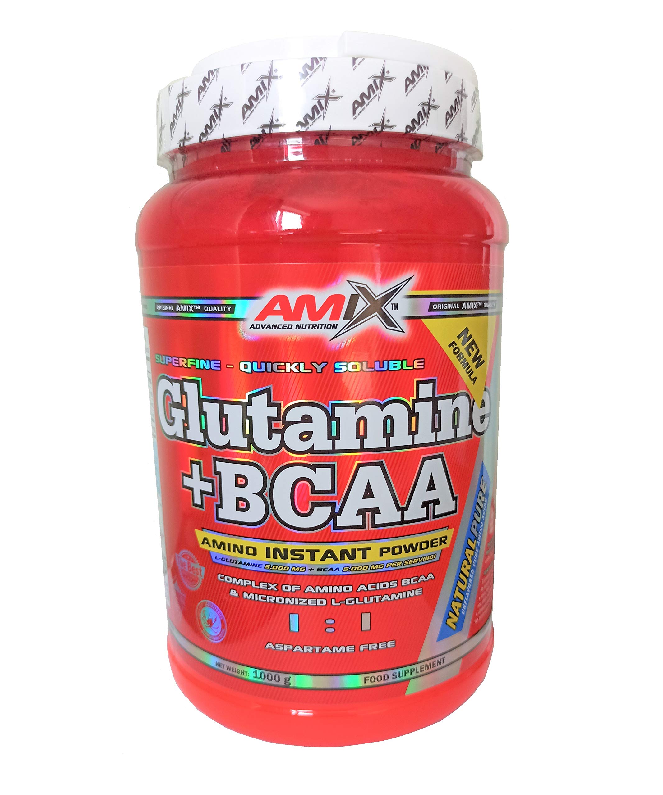 AMIX - Bcaa Glutamina - 1 Kg - Complemento Alimenticio de Glutamina en Polvo - Reduce el Catabolismo Muscular - Óptimo para Deportistas - Sabor Natural - Aminoácidos Ramificados