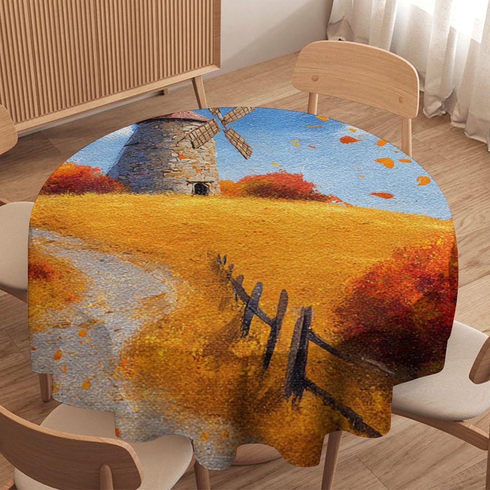 LUYYSKY Vintage Western Fall Windmill Round Tablecloth Vintage Watercolor Farmhouse Barn Autumn Leaves Pattern Washable Decor for Table Cover for Kitchen-91.4" Wx91.4 L cm