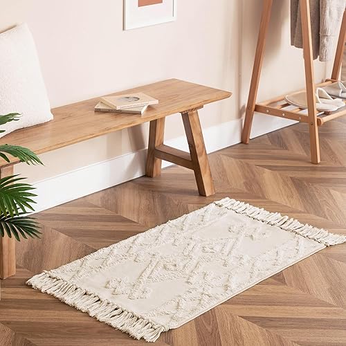 Miniatura 6 de joycloth Alfombra bohemia de 2 x 4.3 pies con borlas, alfombra tejida de algodón lavable para entrada, lavandería, pasillo, puerta, porche, beige