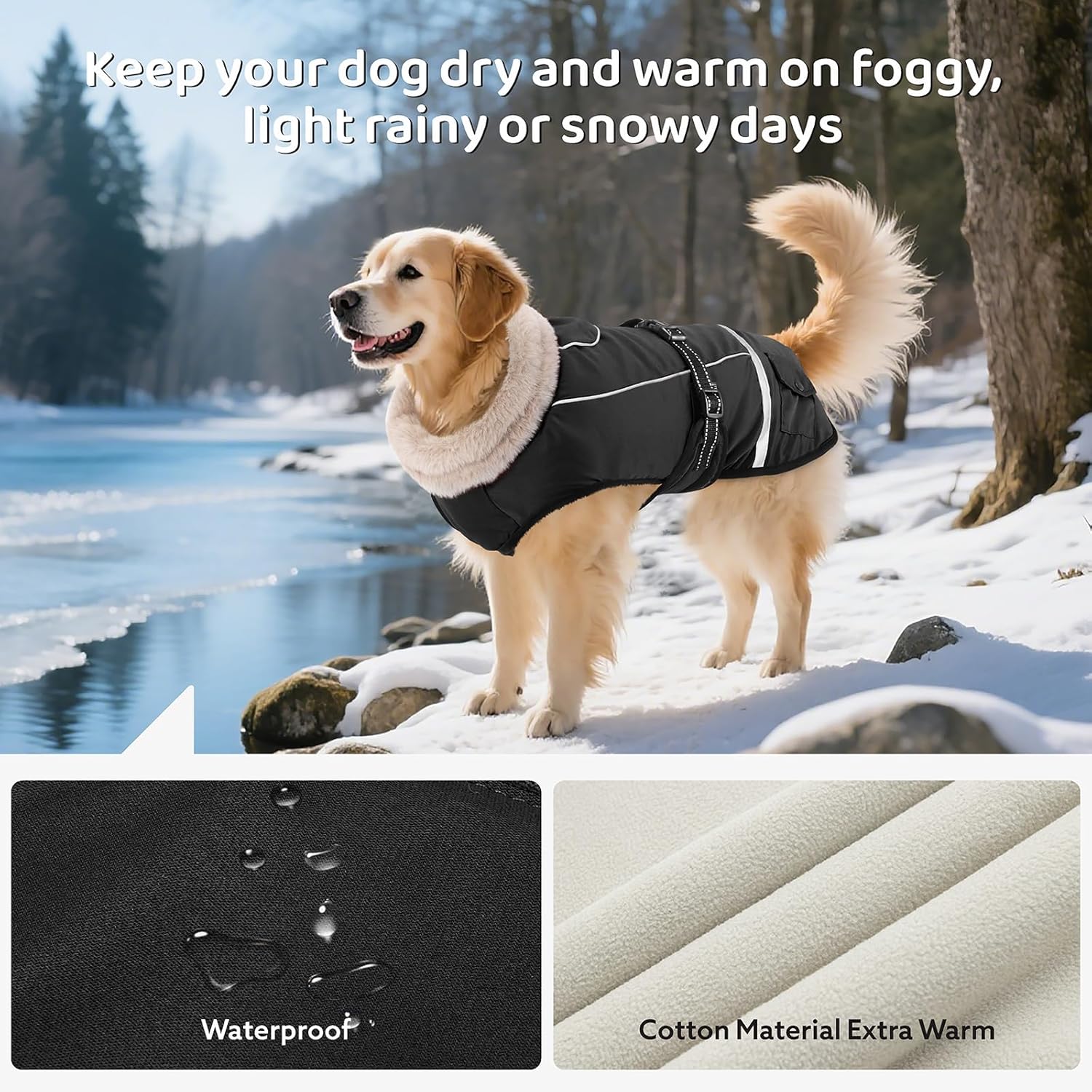 Dog Coat, Warm Dog Winter Coat Reflective Jacket Waterproof Fleece Vest, Pet Jacket Cozy for Cold Weather, Dogs Snowsuit Windproof, Adjustable Buckle for Large Dogs Large Black
