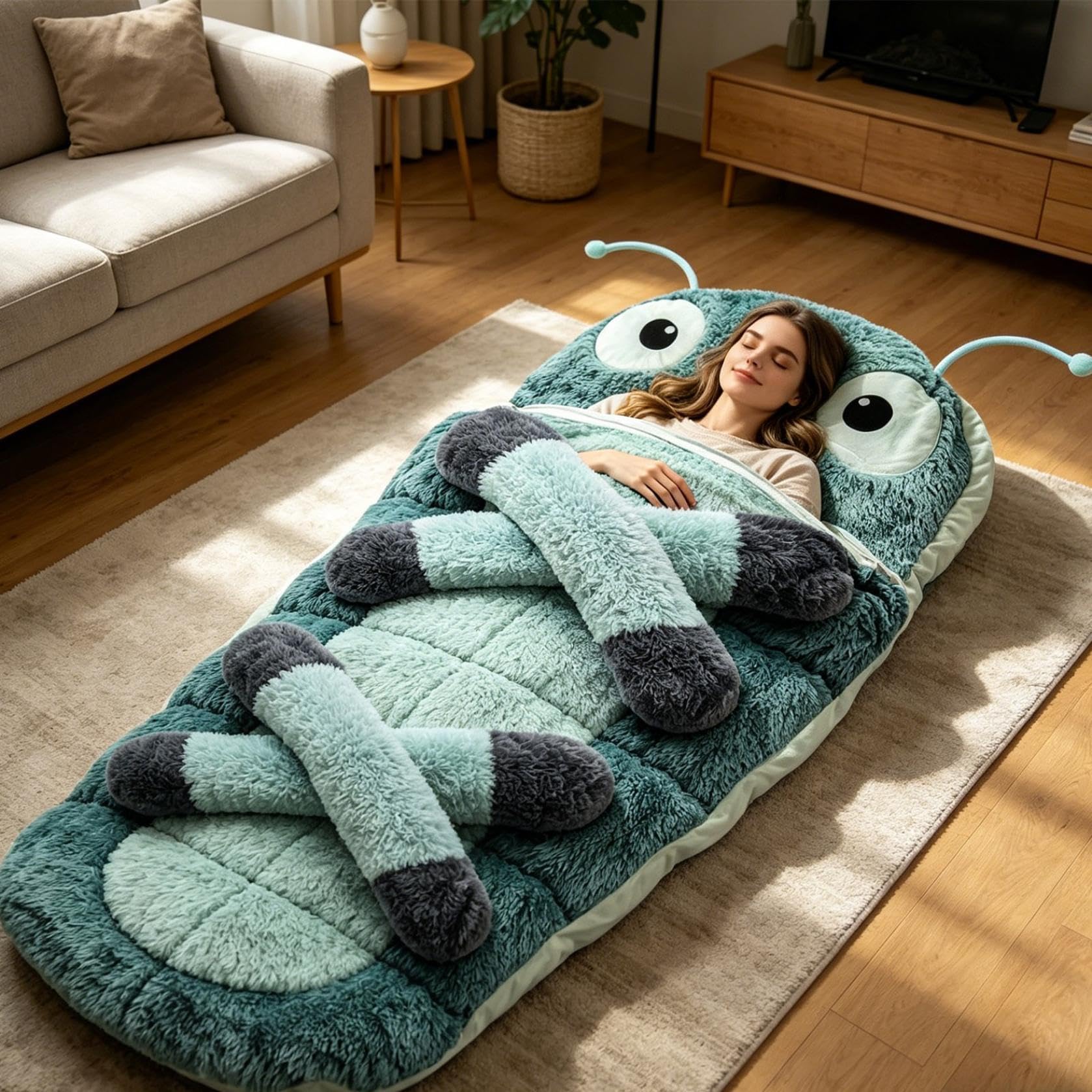 Hugging Caterpillar Schlafsack Plüsch Kokon Ganzkörperliege Indoor Nap Pod Zugkordel Umarmungssystem Lesenest Tierschlafsack Erwachsene