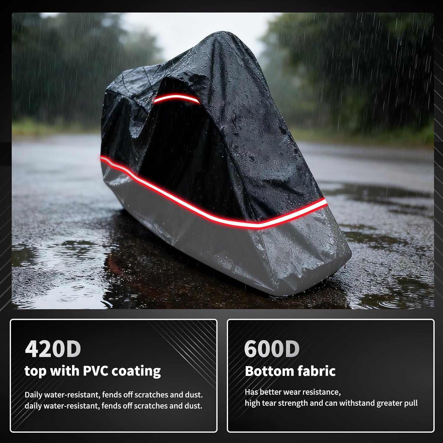Full Enclosed Motorcycle Cover,Waterproof for Outdoor & Indoor Storage, 600D Heavy Duty with Reflective Strips, Fits Scooters & Touring Motorcycles up to Length 108" x 45" x 59" Black&Gray