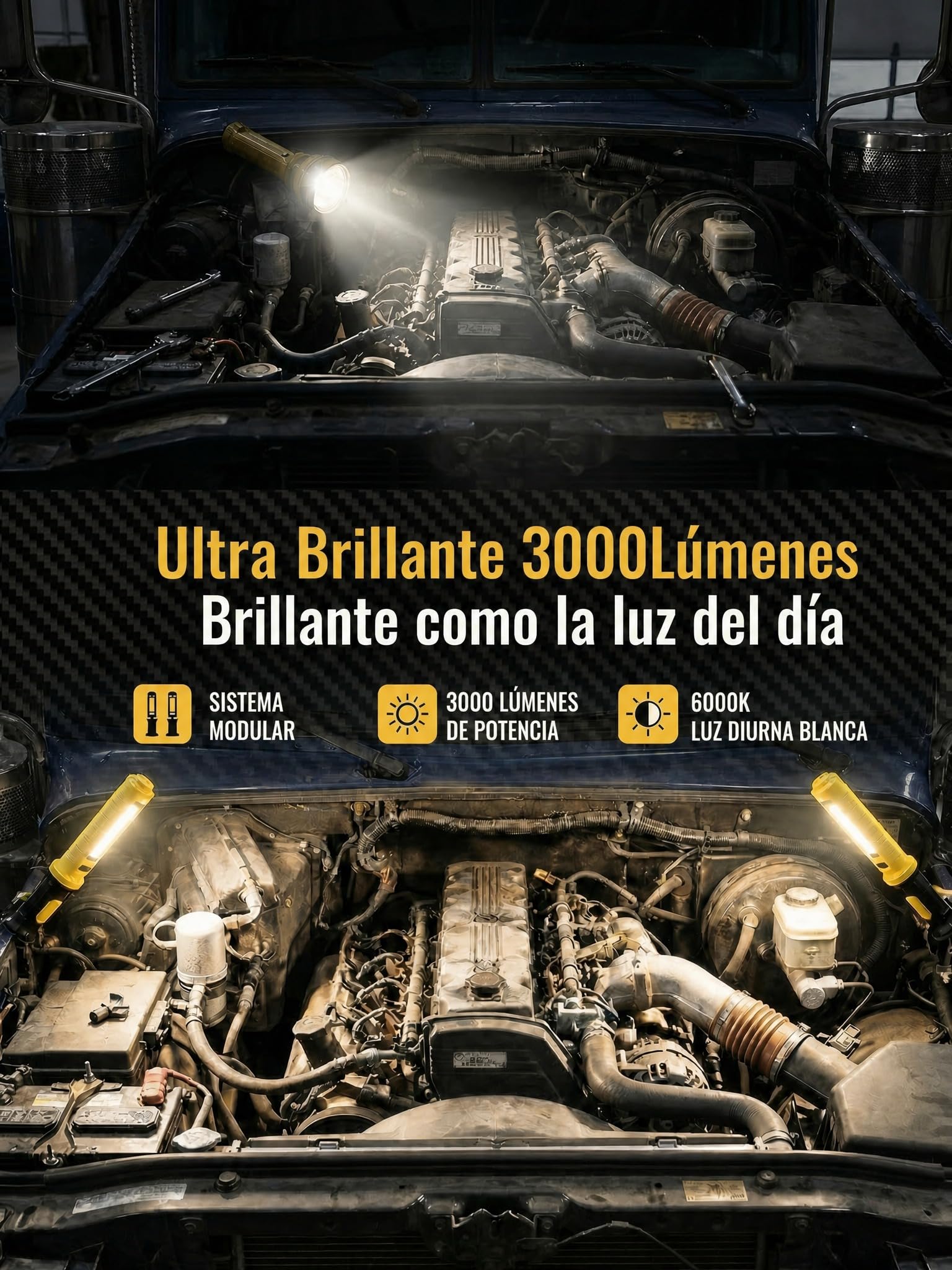 3000LM Linterna Taller Mecánico, 5200mAh Lámpara de Trabajo 2 en 1 Separable con Powerbank, Imán y Gancho, IP54 Luz SOS para Reparación de Coche (Amarillo brillante)