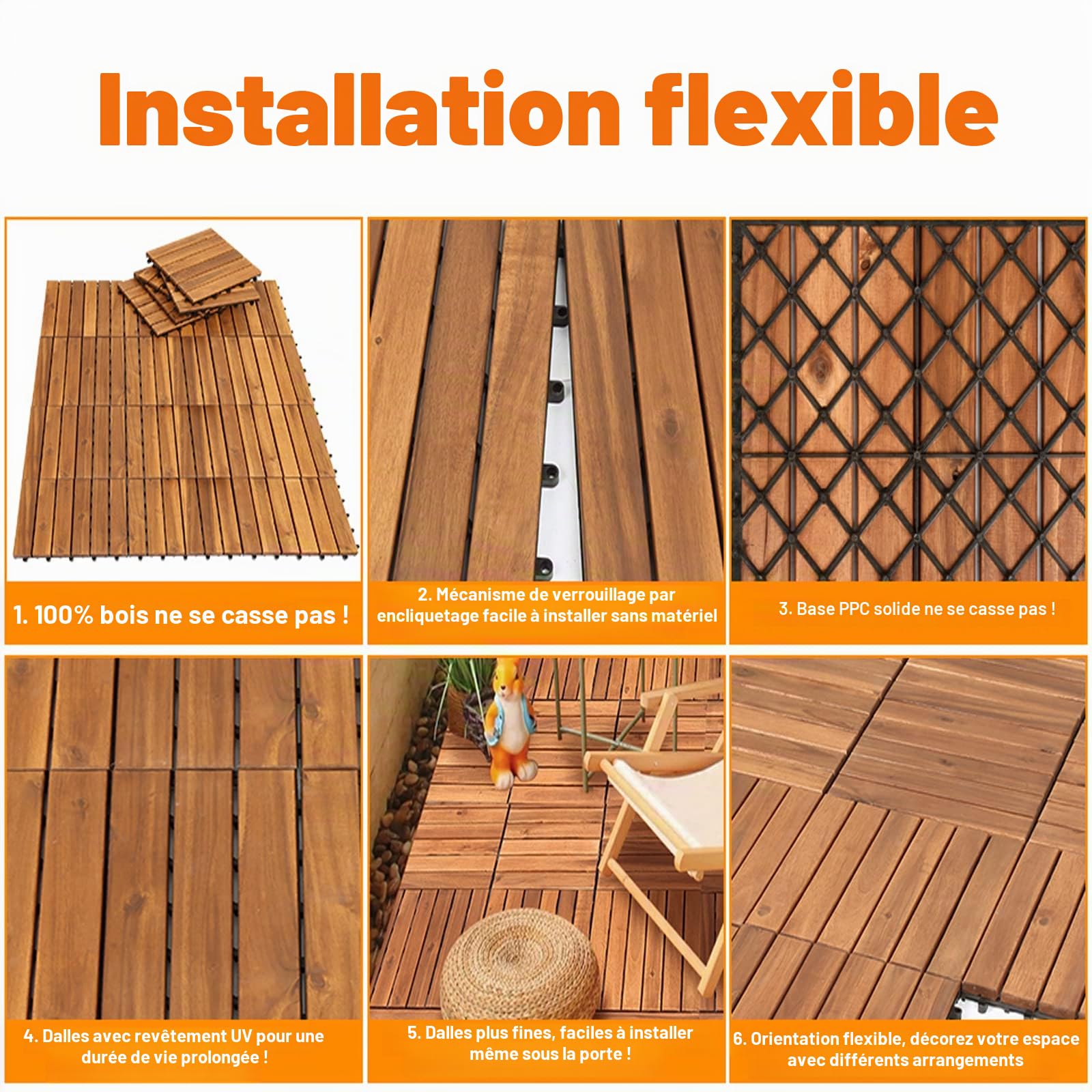 Lot de 11 dalles en bois d'acacia - 30 × 30 cm - 1 m² par carrelage de sol - Revêtement de sol extérieur et intérieur - Balcon avec système de drainage et système de clic - Marron