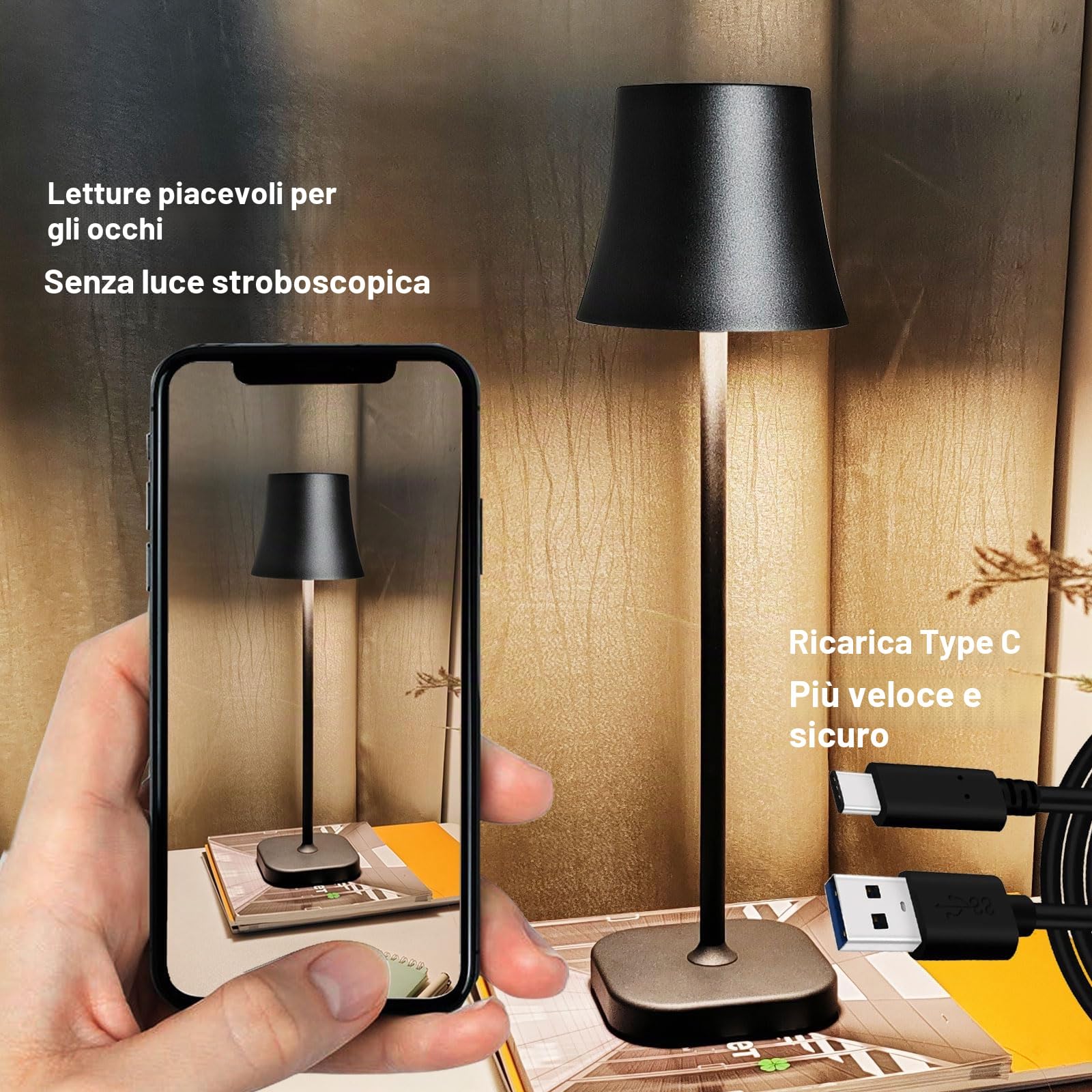 Lampada da Tavolo Senza Fili, Lampada da Scrivania,con Batteria a LED, 5400 mAh, Autonomia, 72 ore, Dimmerabile, Lampada da Comodino con Controllo Tattile, Labat Jour da Comodino, 3 Colori Dimmerabili