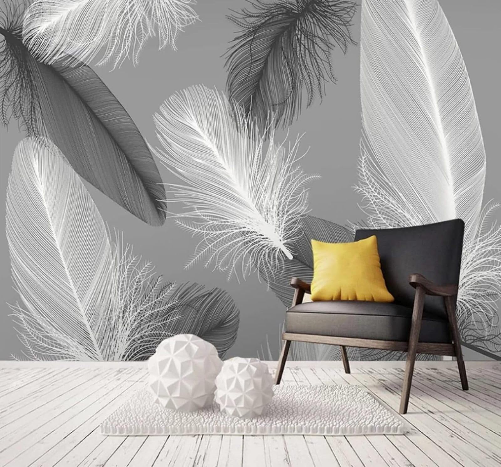 Xlming 400Cm×280Cm(B×H) Minimalist Three Dimensional Hand Drawn Black And White Feathers 3D Wallpaper Luxury Silk Study Dining Feature Sofa Grey Bedroom Living Room Tv Decorative Wall-400Cm×280Cm