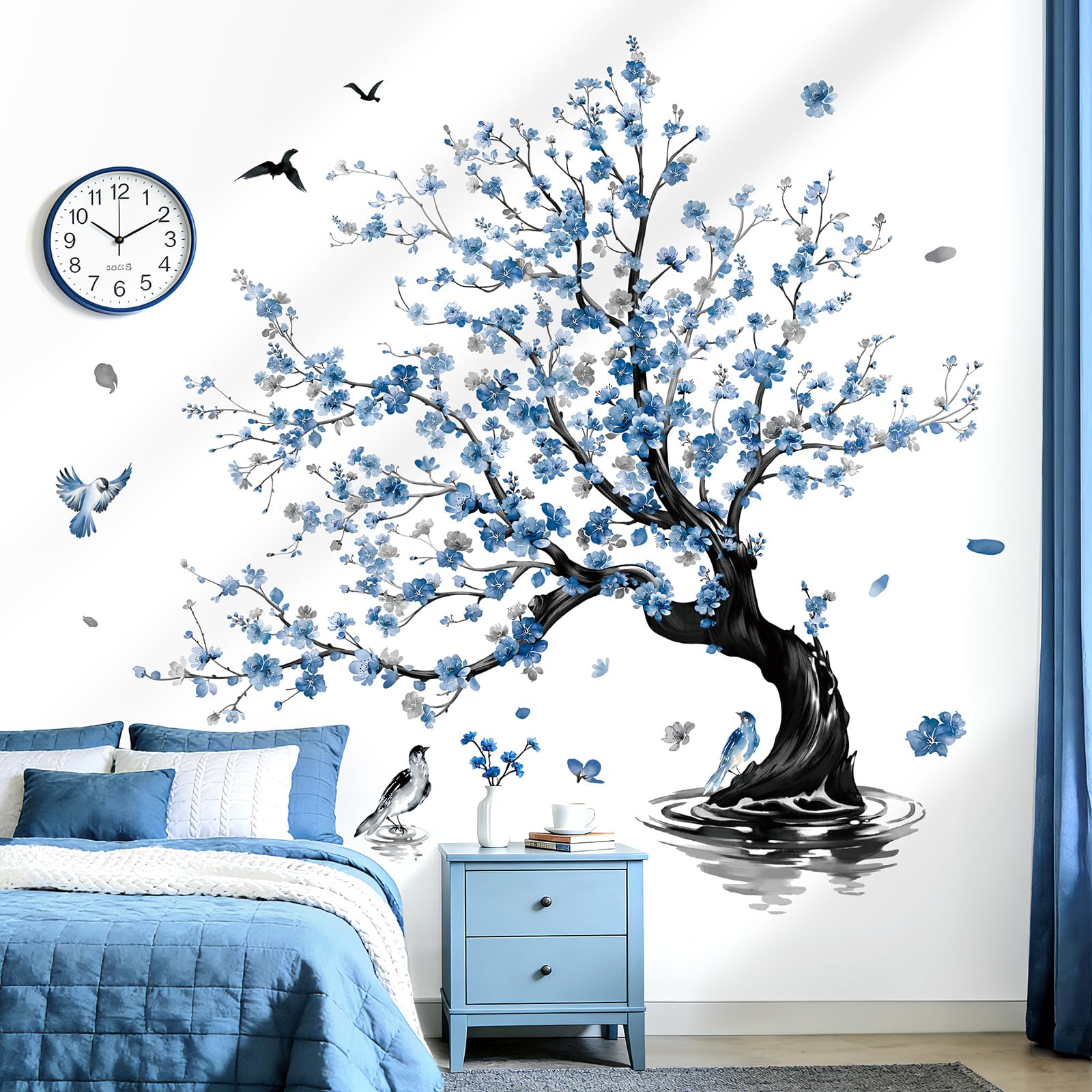 decalmile Large Blue Flower Tree Wall Stickers Watercolor Cherry Blossom Tree Branch Birds Wall Decals Living Room Tv Background Bedroom Home Decor