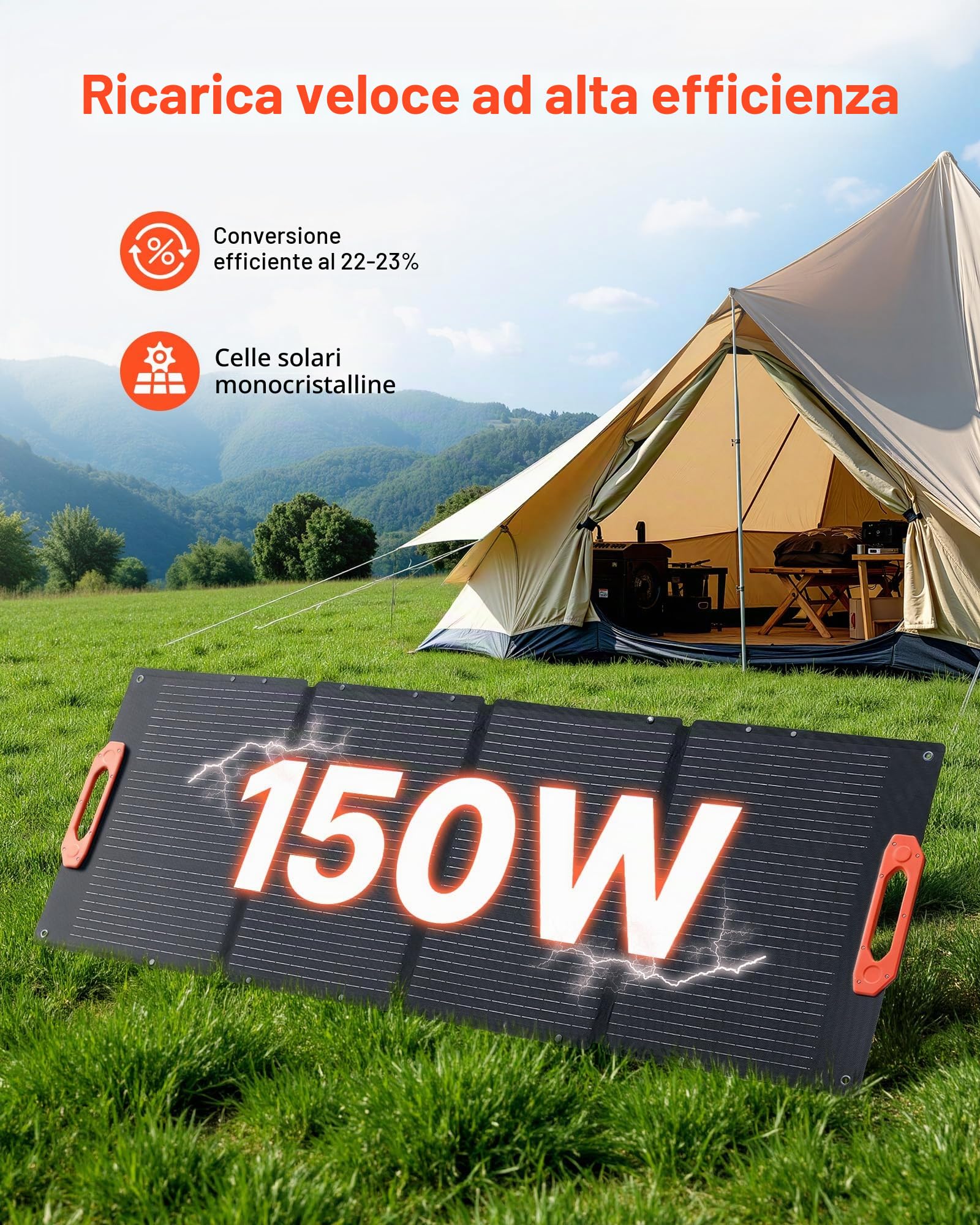 VEVOR Pannello Solare Monocristallino Pieghevole da 150 W, Pannello Solare Monocristallino ETFE Portatile con Alta Efficienza, Uscita MC4, Porte USB, IP67 Impermeabile per Centrali Elettriche