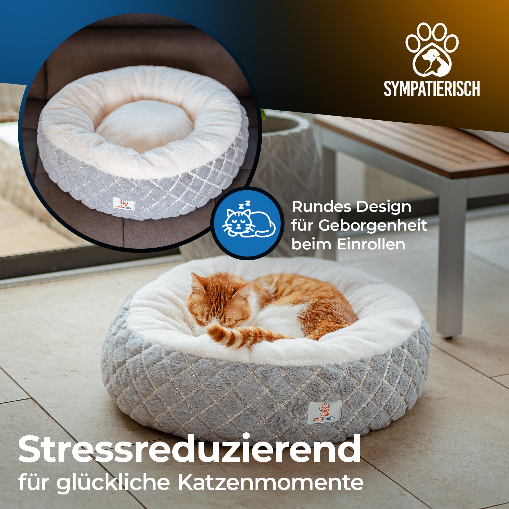 Katzenbett [beruhigende Wirkung] - Rundes, flauschiges Kissen für deine Samtpfote - Katzenkissen, Katzen-Körbchen, Kuschelbett waschbar, Katzenschlafplatz-Bettchen, Katzenbettchen | 55x55x20 cm