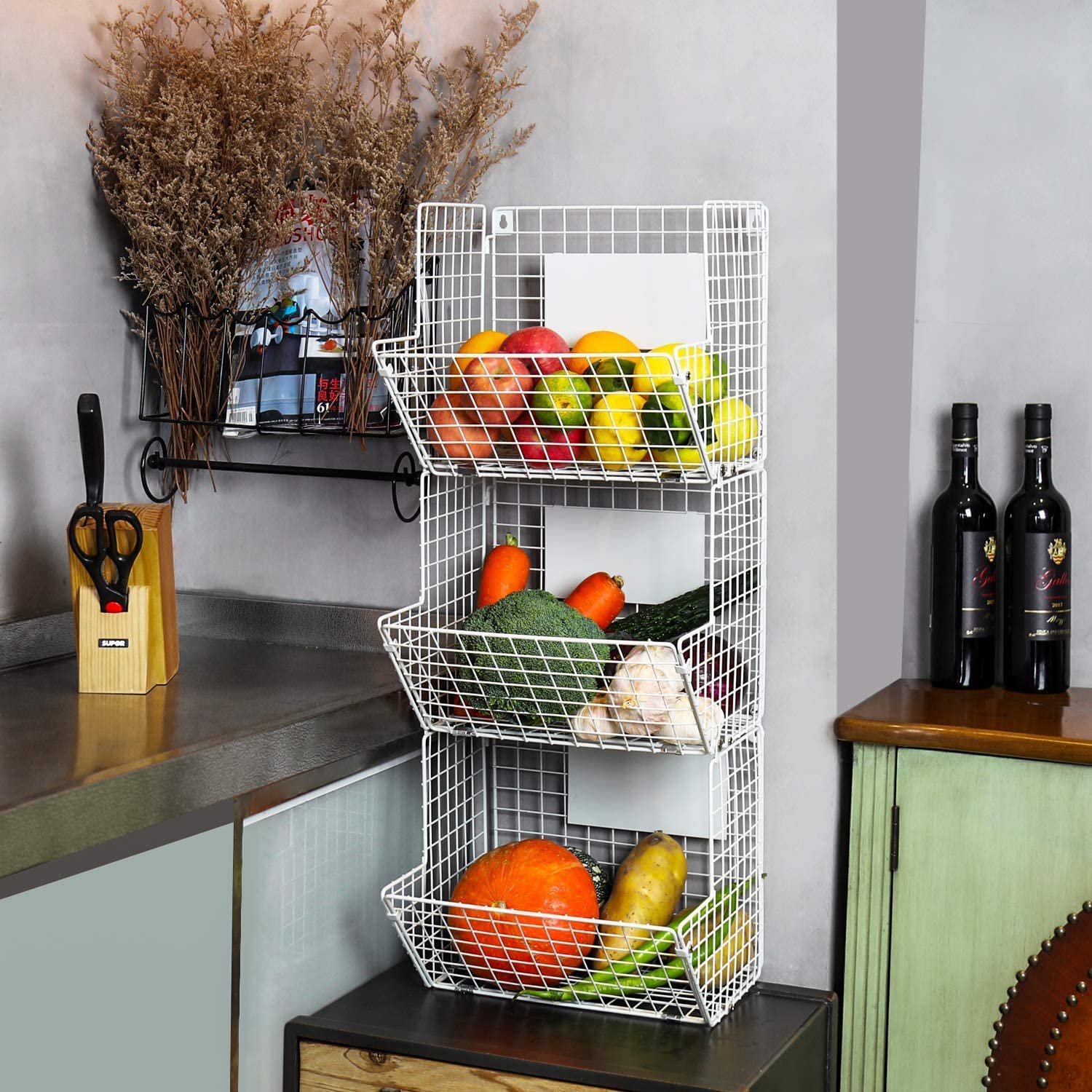INDIAN DECOR . 29090 Rustic Black Metal Wire 3 Tier Wall Mounted Kitchen Fruit Produce Bin Rack/Bathroom Towel Baskets - White, Alloy Steel, Floating Shelves-picture-19