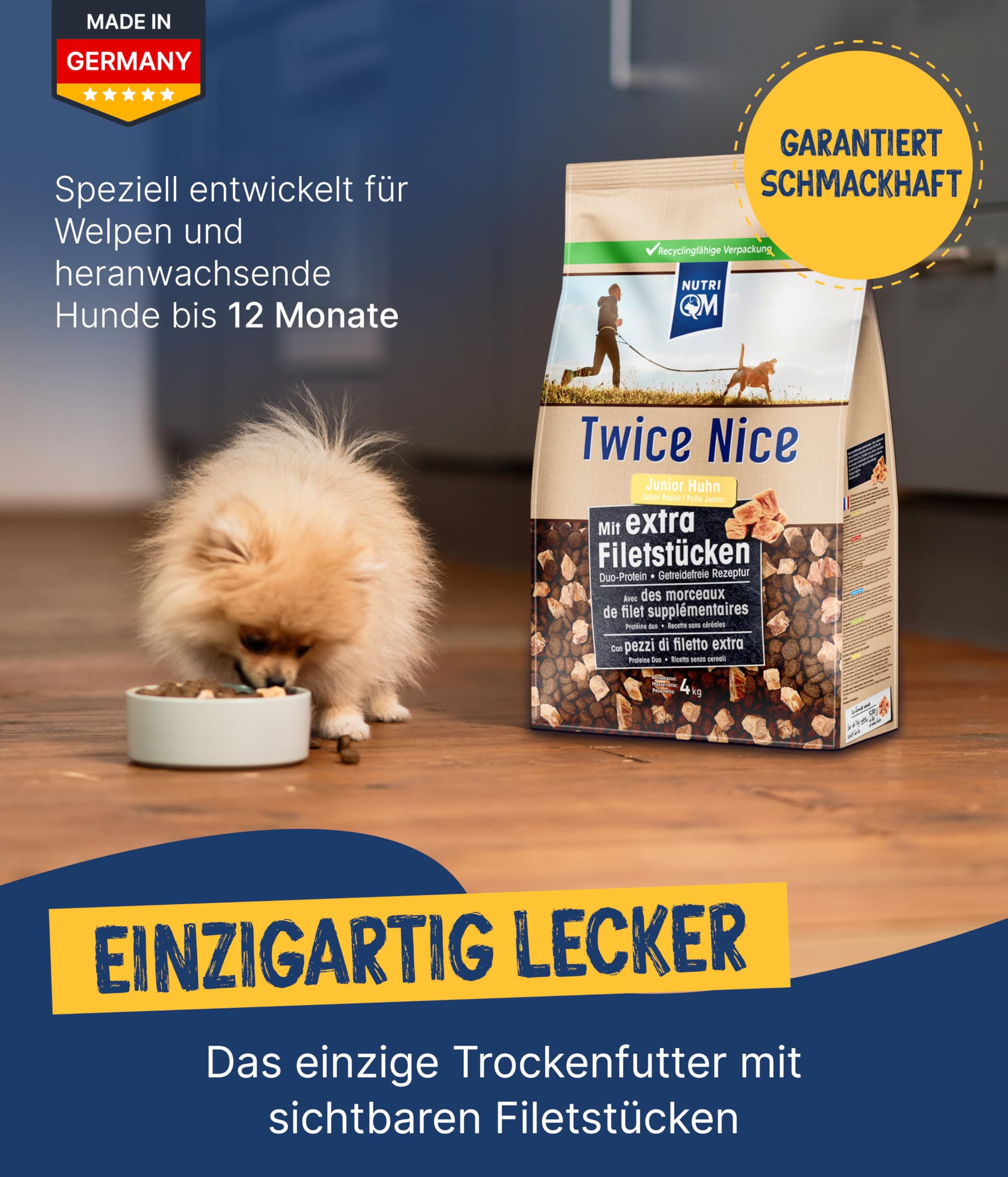 NutriQM® Twice Nice Junior Huhn | 2 x 4 kg | Getreidefreies Welpenfutter mit Filetstücken & Kolostrum | Junior Trockenfutter Hund bis 12 Monate | Duo-Protein & Leicht verdaulich | Made in Germany