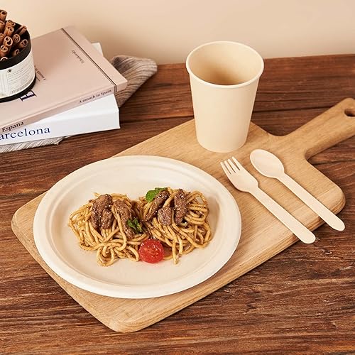 Miniatura 4 de Juego de 350 platos de papel, platos desechables de madera biodegradables, tenedores, cucharas, cuchillos, tazas, servilletas, juego de vajilla para