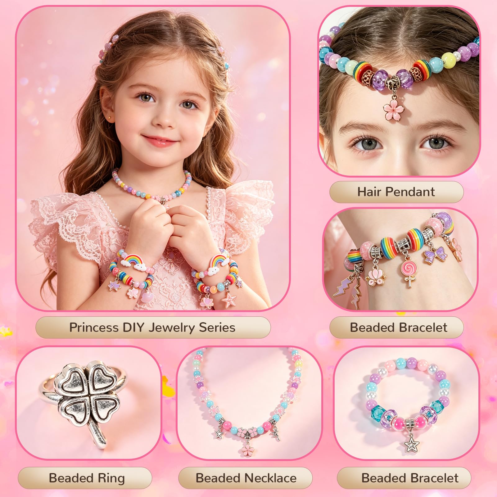 JeeMoien Charm Armband Bastelset Für Mädchen 5 6 7 8–12, Freundschaftsarmband Set DIY Schmuck Bastelset Geburtstagsgeschenk Spielzeug Für 6 7 8 9 10 11 Jährige Mit Tragbarer Schmuckbox, Rosa