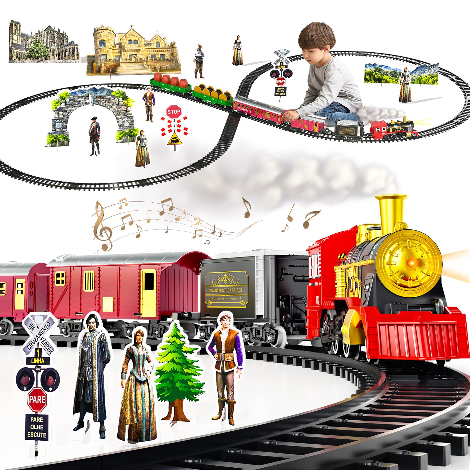 Locomoto Train Set - Train Toys for Boys Girls w/Smoke, Light & Sounds, Railway Kits, Toy Train w/Steam Locomotive Engine, Carriages, Cargo Car & Tracks, for 3 4 5 6 7+ Year Old Kids