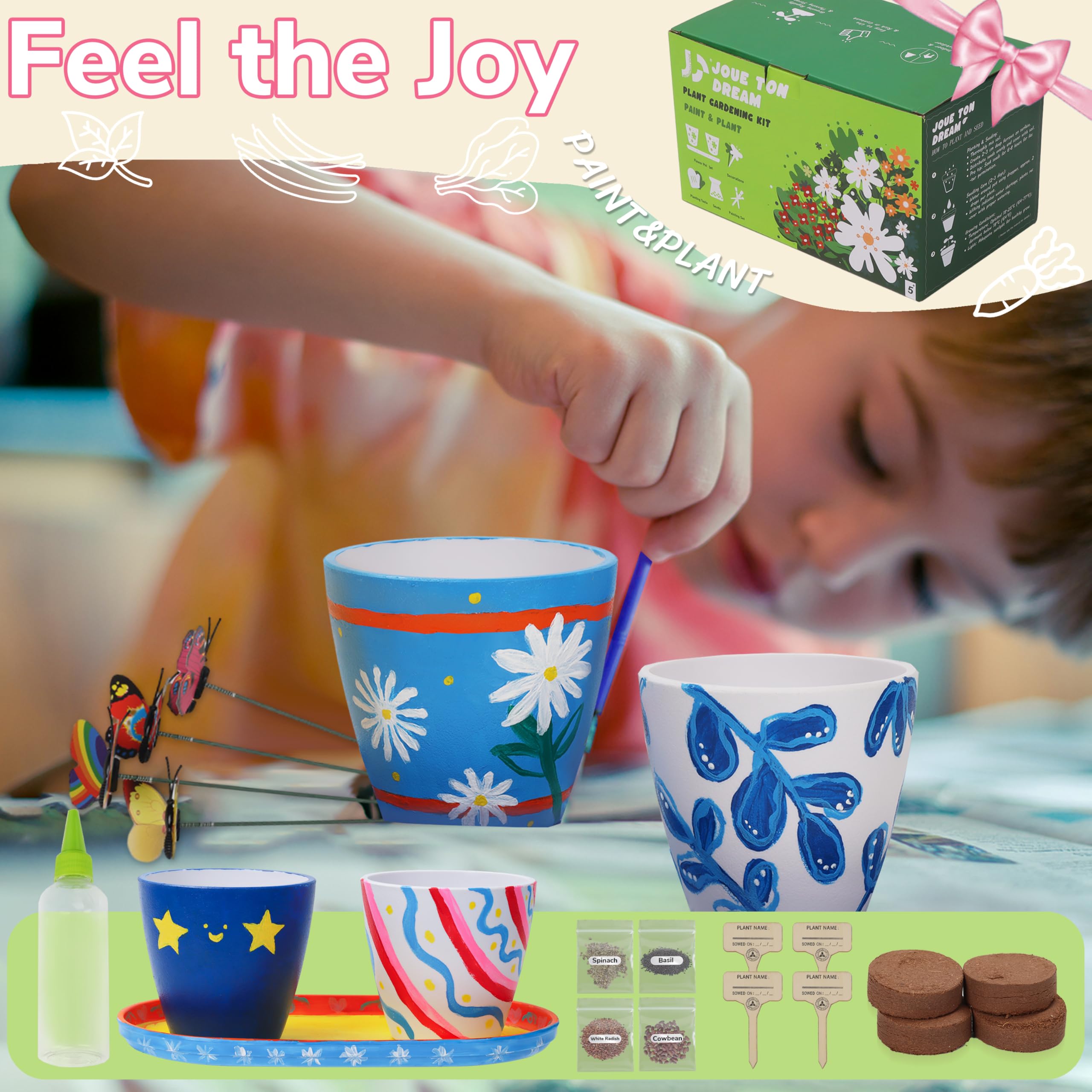 Kit de jardinería de flores de pintura y plantas con 4 macetas, juego de jardinería para niños de 8 a 12 años, kit de actividades de arte y manualidades de primavera, regalos educativos 5