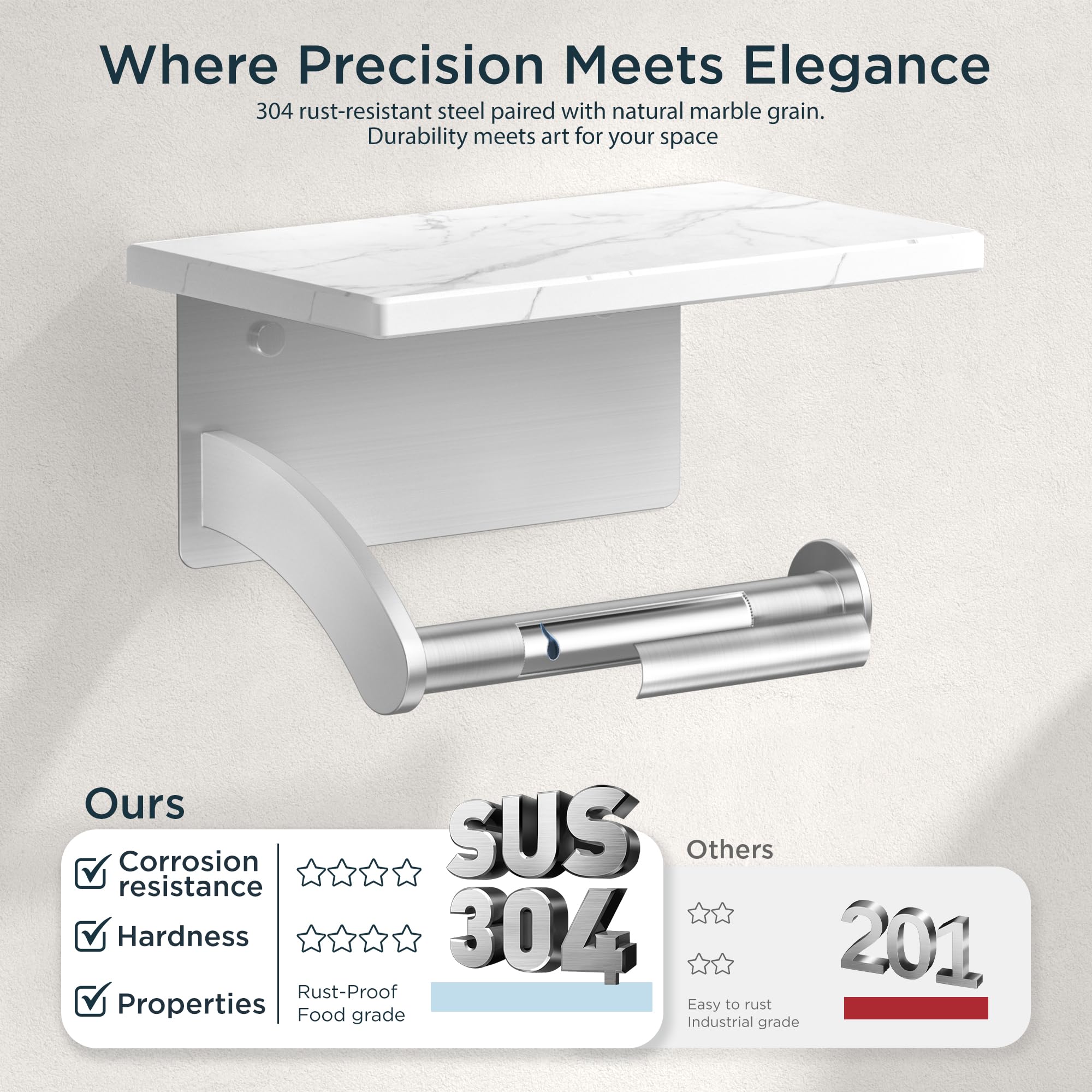 FORIOUS Toilet Paper Holder with Shelf, Natural Marble, Commercial — Amazon image 4