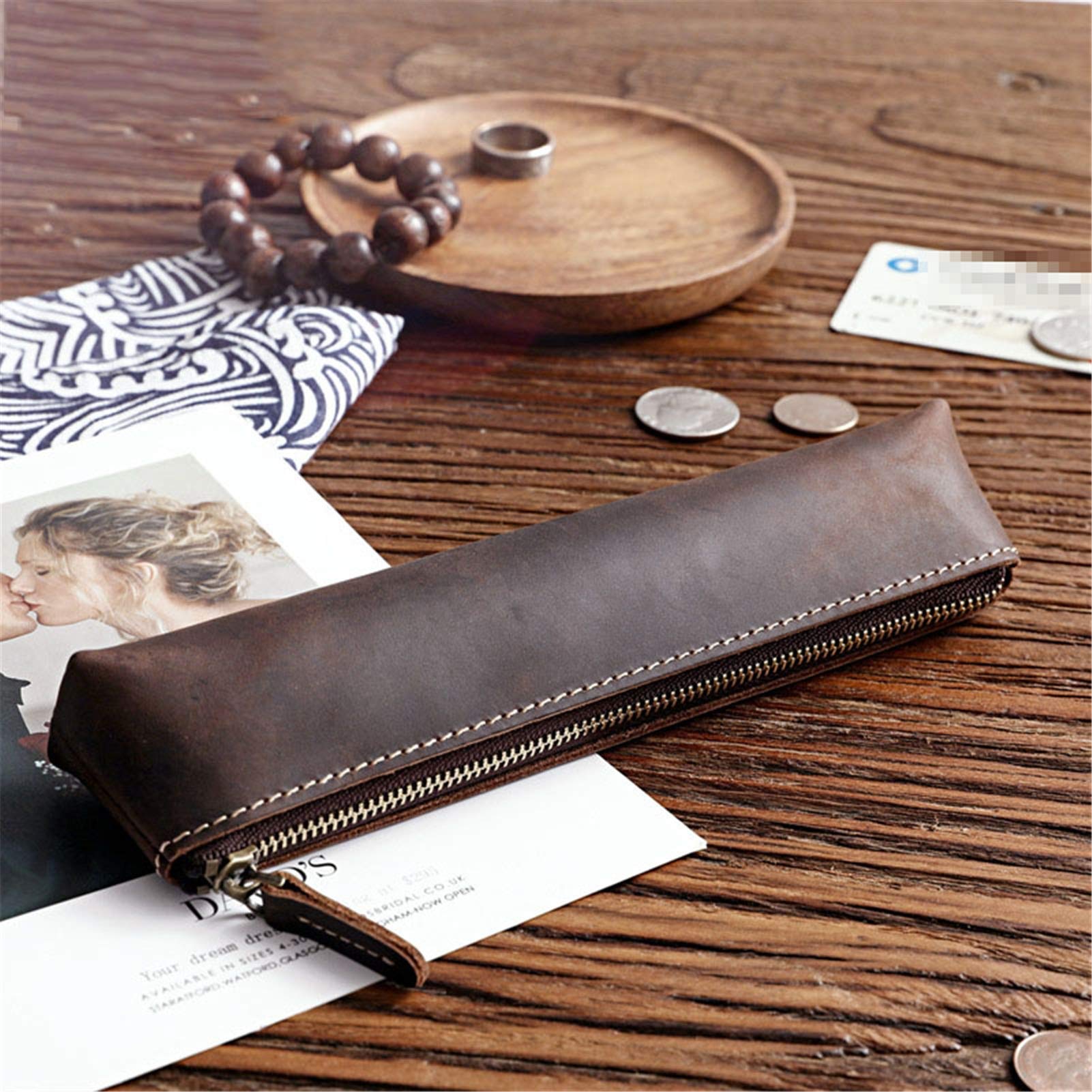Astuccio in pelle, astuccio piccolo, Astuccio in pelle con cerniera Multicolor 21x5x3.2cm(Dark Brown)