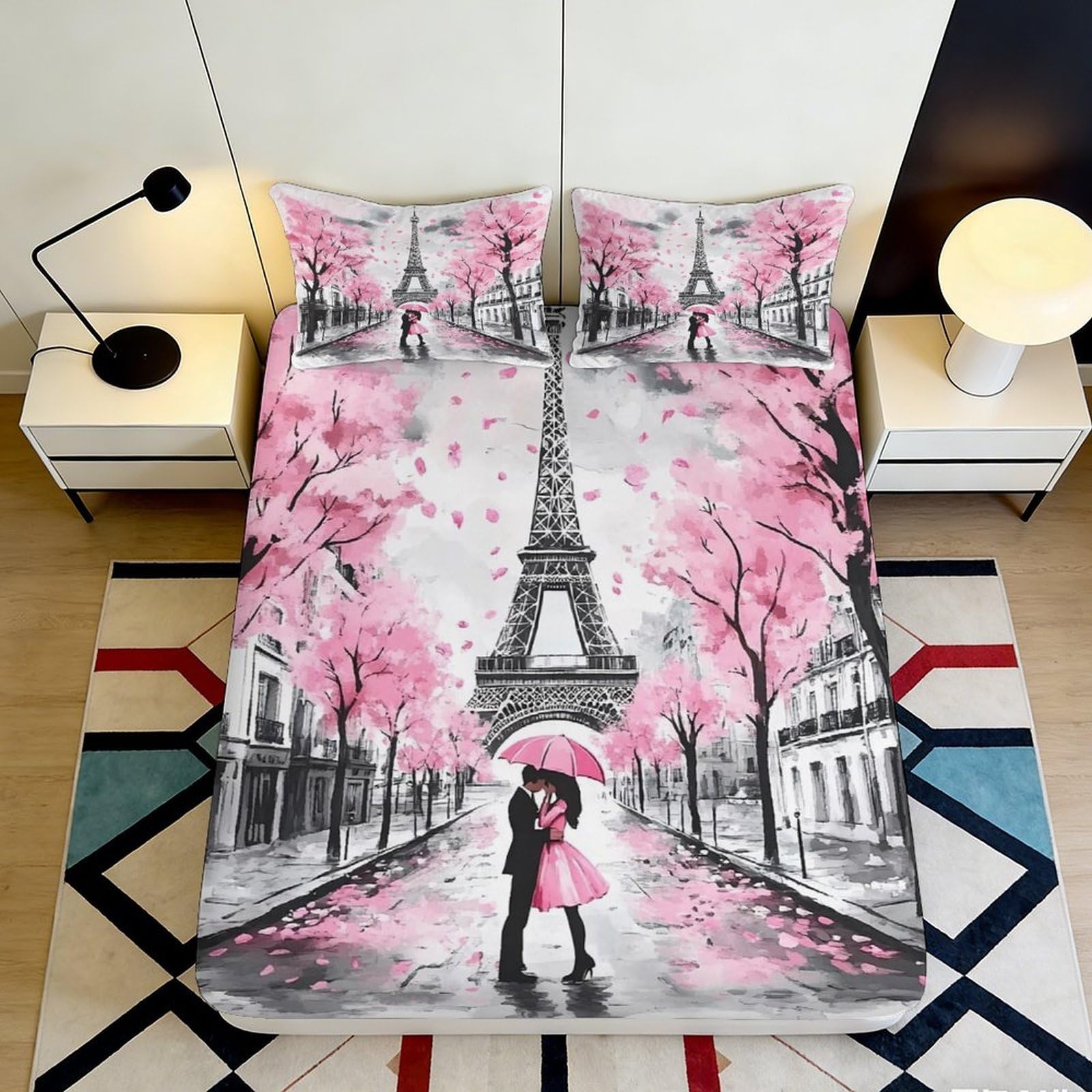 3D Printed Eiffel Tower Paris Love Fitted Sheet Microfiber Pink Blossom Bed Cover Anti-Slip Mattress Protector Decor 180x200x25cm