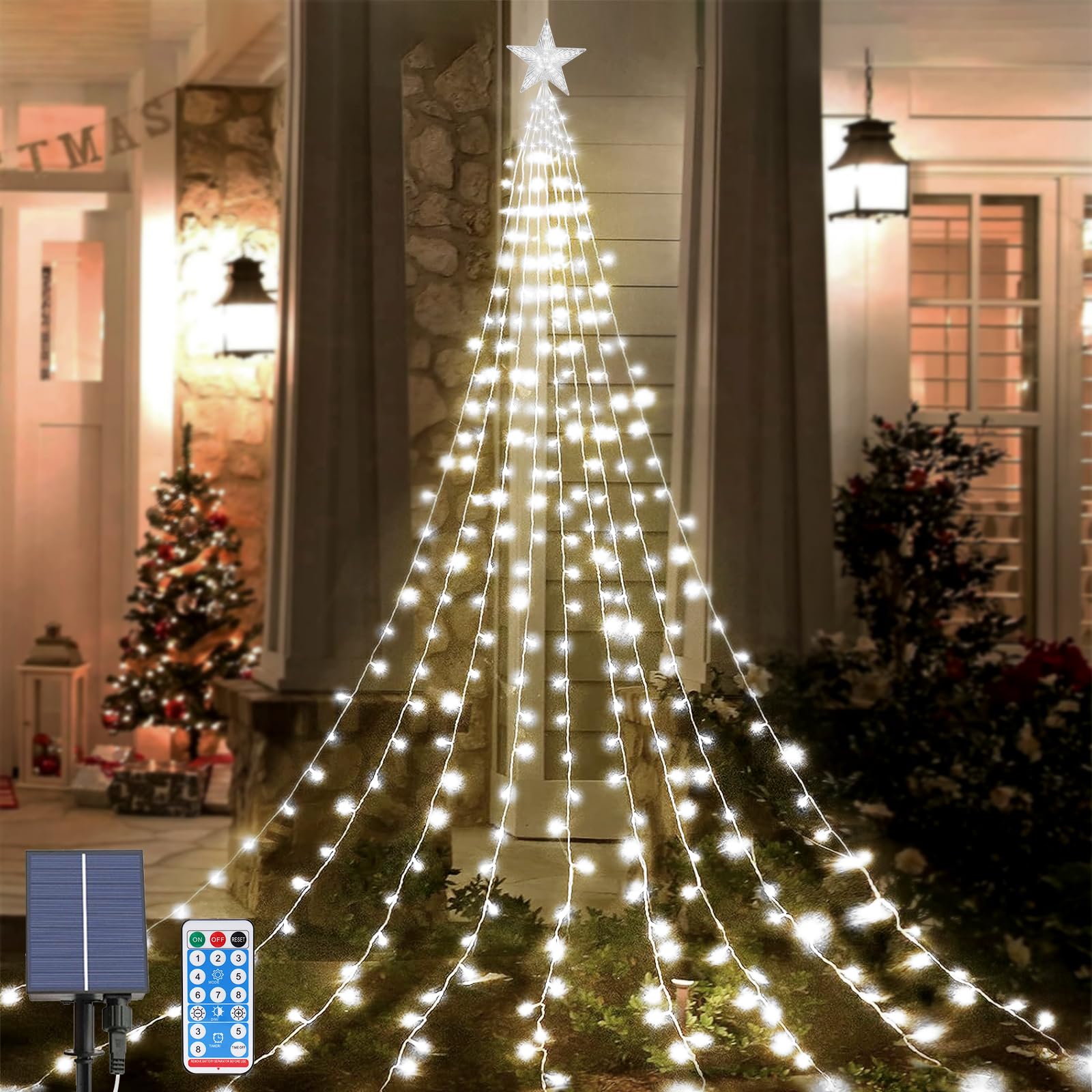 Micacorn Solar String Light Garden Christmas Tree Waterfall Lights 6.6ft 9 Strand 198 LED Fairy Light Topper Star Light 8 Modes Waterproof Decorations Lights with Remote for Outdoor Xmas Decor