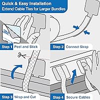 Vista 6 de Cable Management Kit – 40 Self-Adhesive Hook and Loop Ties with 2 Extension Straps – Made with 3M Tape, Back-Sticky Cord Organizer for Under Desk