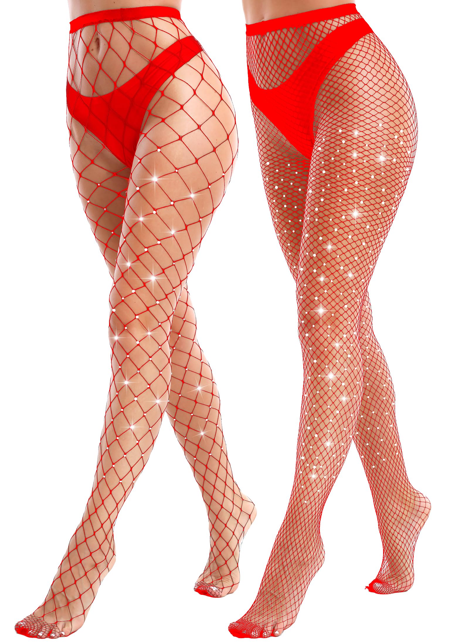 VEBZIN 2 Pack Sparkly Large And Medium Mesh Fishnet Tights For Women Glitter Rhinestone Fishnets Stockings, Red, One size