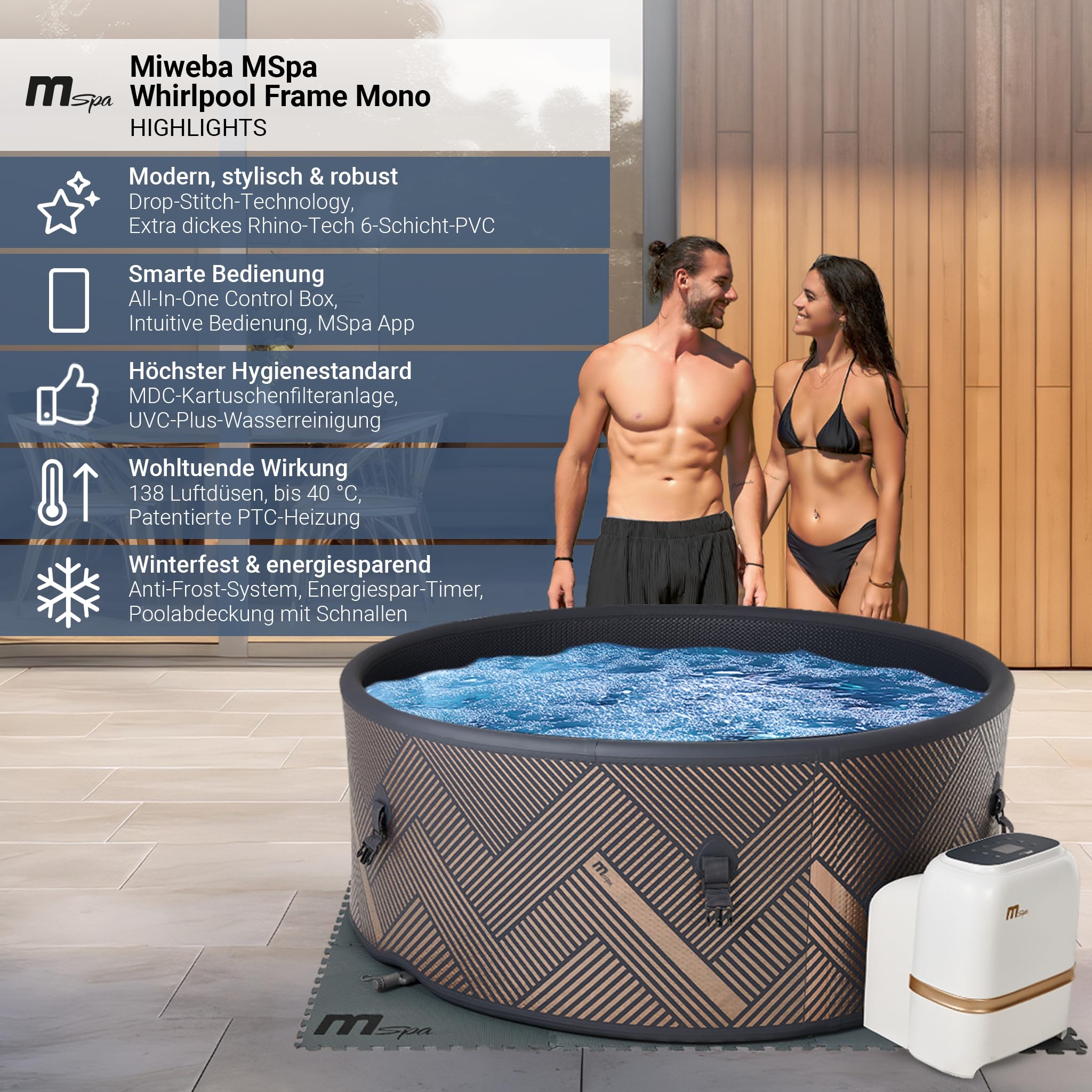Miweba MSpa Whirlpool Outdoor | Frame Mono 6 Personen Pool - Aufstellpool mit smarter App Steuerung - UVC+ Wasserreinigung - Spa ⌀ 173.0 cm - Hot Tub - Aufblasbarer Whirlpool - Swimmingpool aufblasbar
