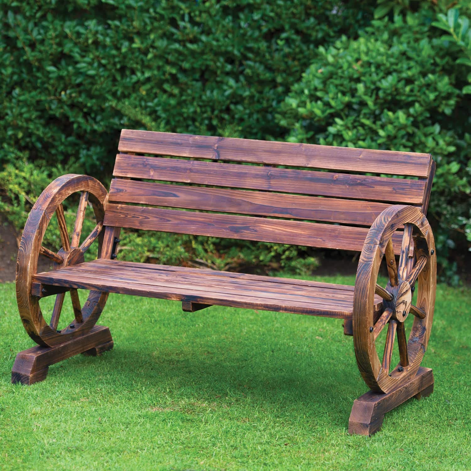 PaMeer® Traditional Wooden Wagon Wheel Bench. 2 Seater Rustic Bench, Wooden Garden Bench Ideal Outdoor Garden Bench