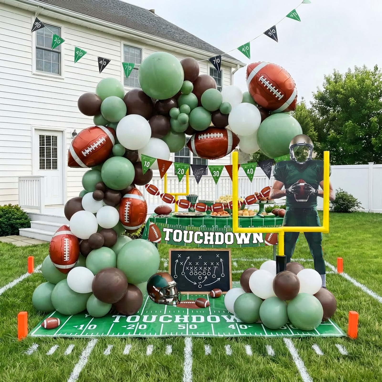 Football Party Decorations Kit with Green White Brown Balloon Garland arch & Football balloons & Banner for Sports TOUCH DOWN Theme Birthday