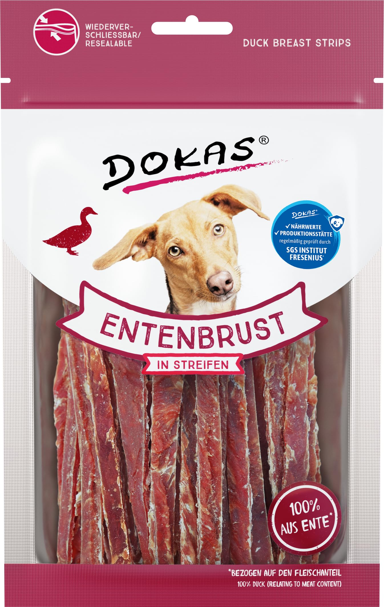 DOKAS Snack Premium sin Cereales en Tiras para Perros – de Filete de pechuga de Pato