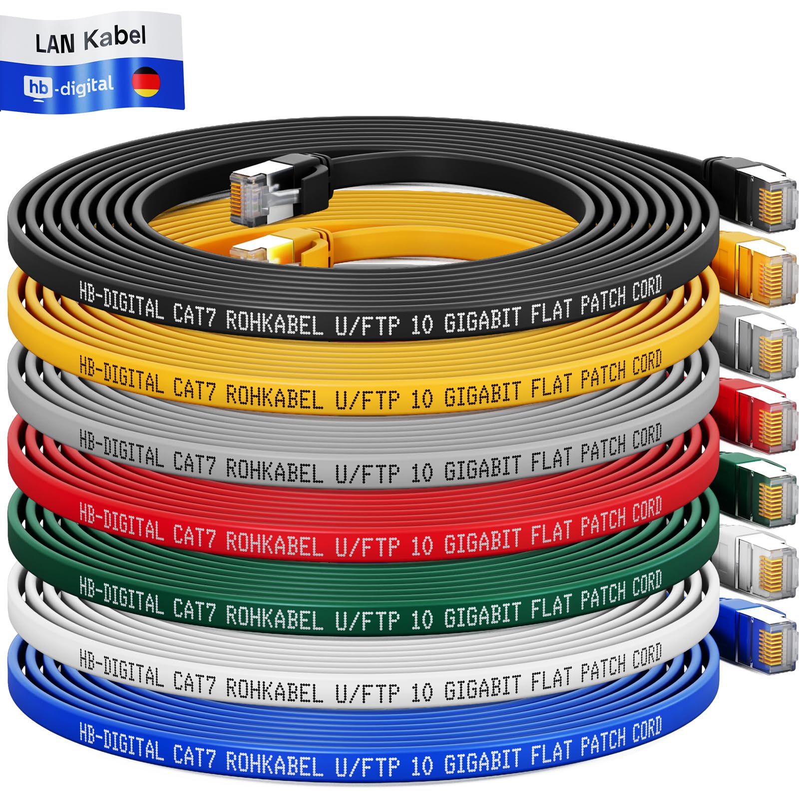 HB-DIGITAL 7x 15m Câble patch CAT.7 LAN plat U/FTP Câble réseau 2x RJ45 mâle cuivre pro Slim flexible 10 Gbits Ethernet Port 600 MHz Internet-cable PC, routeur, switch, modem, TV, console coloré