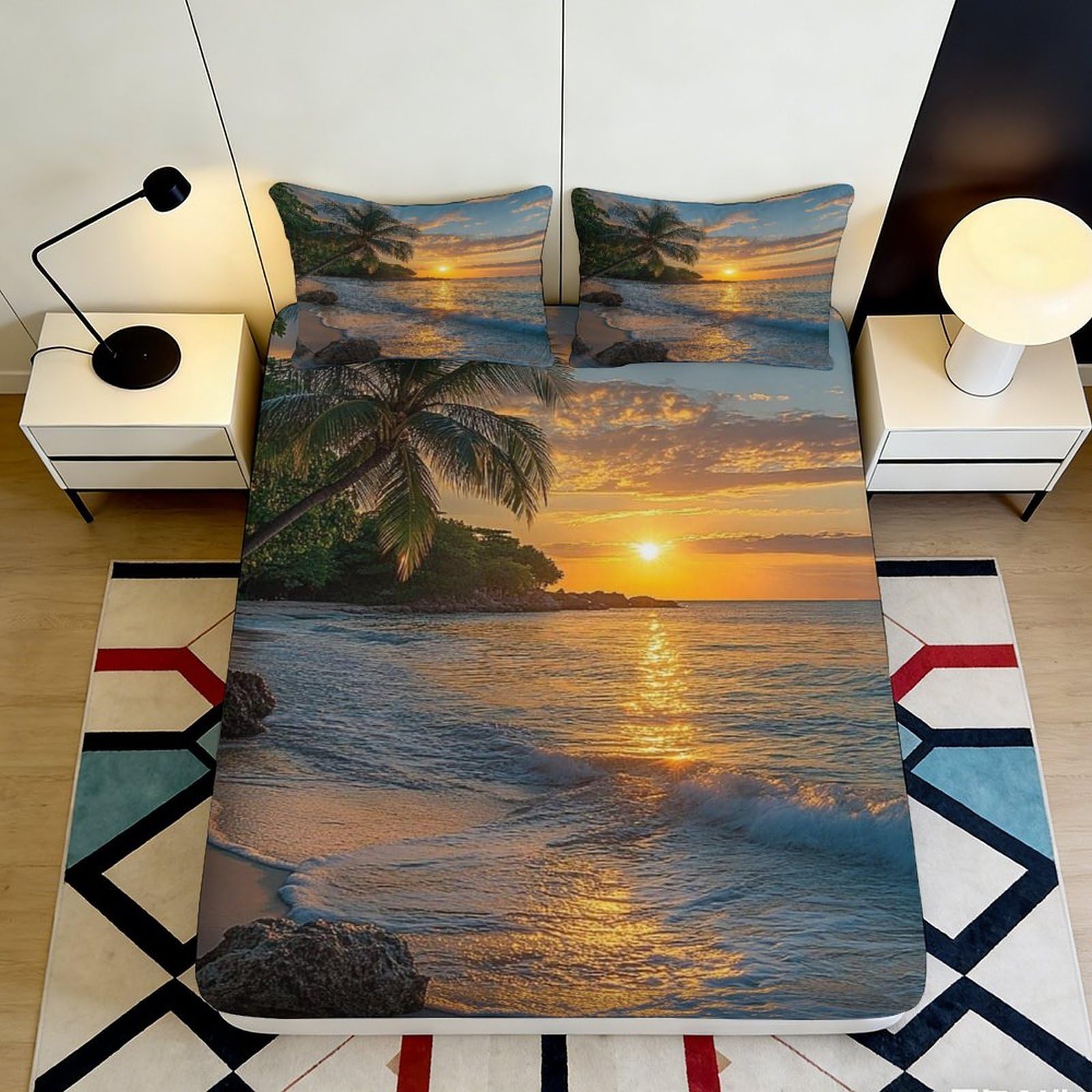 3D Printed Tropical Sunset Fitted Sheet Microfiber Soft Breathable Beach Scene Mattress Cover for Bedroom Dormitory Guest Room Protection Decoration 120x200x25cm