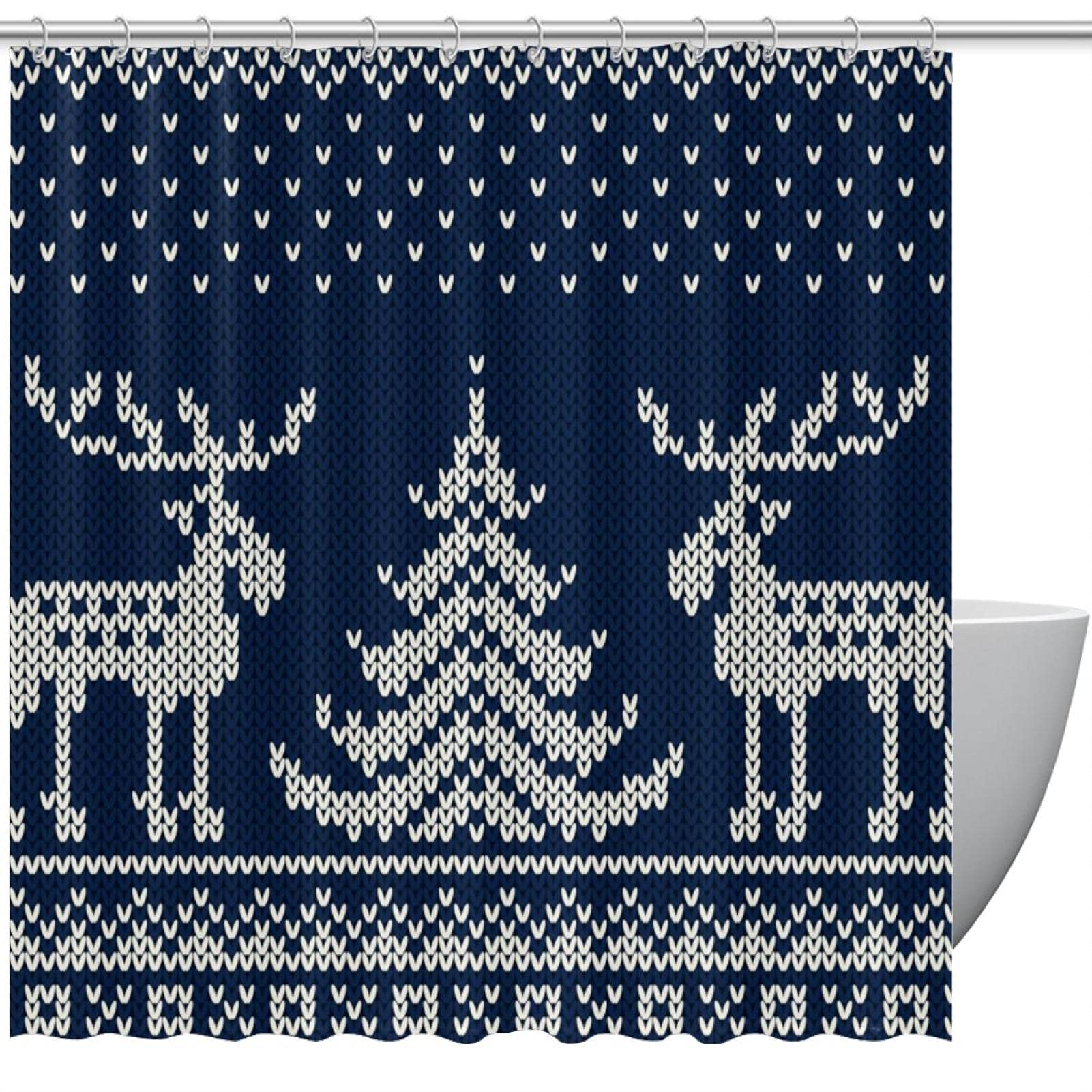 Rideau de douche tricot de Noël bleu 183 cm pour déco de salle de bain hivernale
