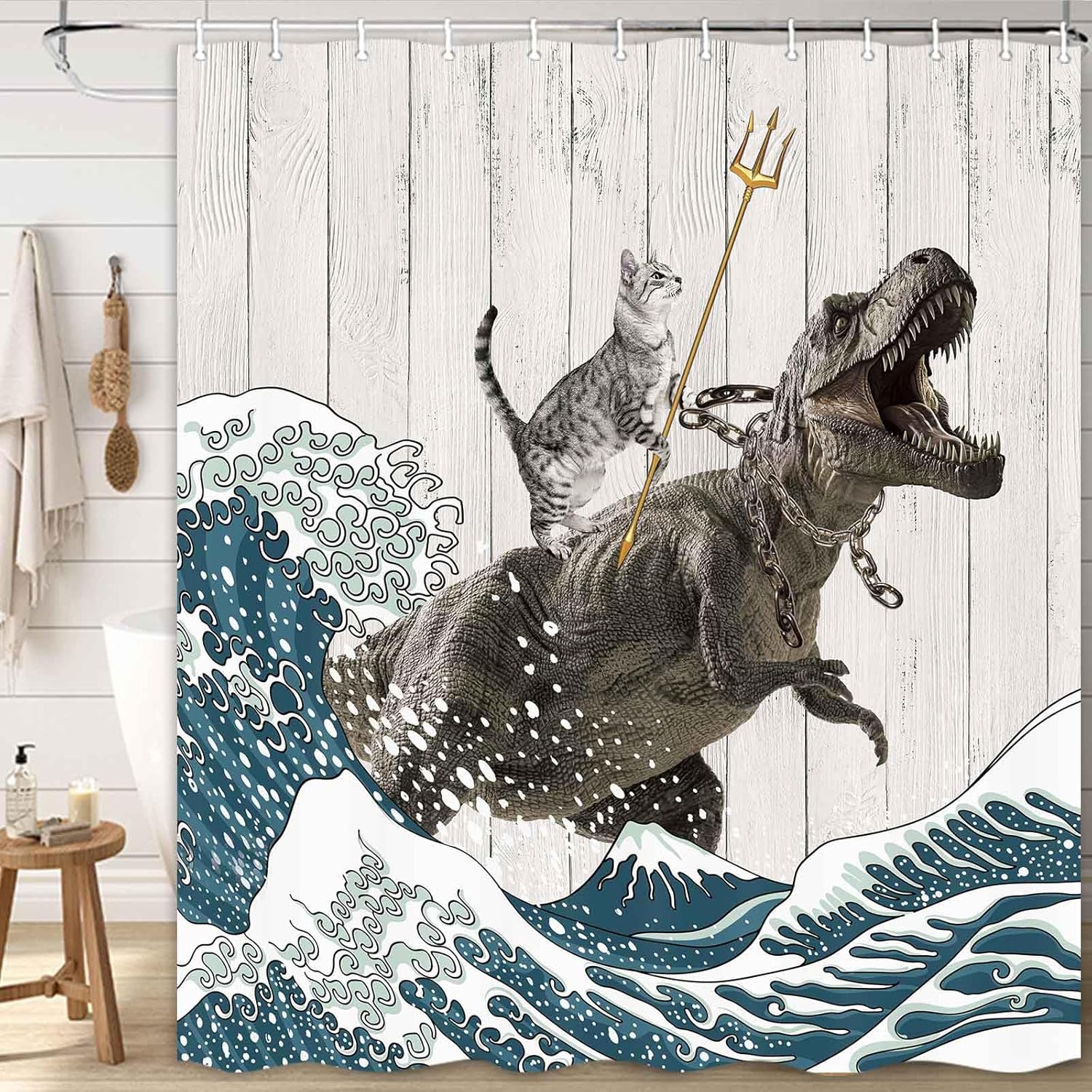 Boziqr Funny Cat Shower Curtain, Cool Cat Dinosaur Japanese Ocean Wave Decor Fabric Bathroom Curtains, Kids Children Rustic Wooden Farmhouse Shower Curtain, 70 X 78 Inches