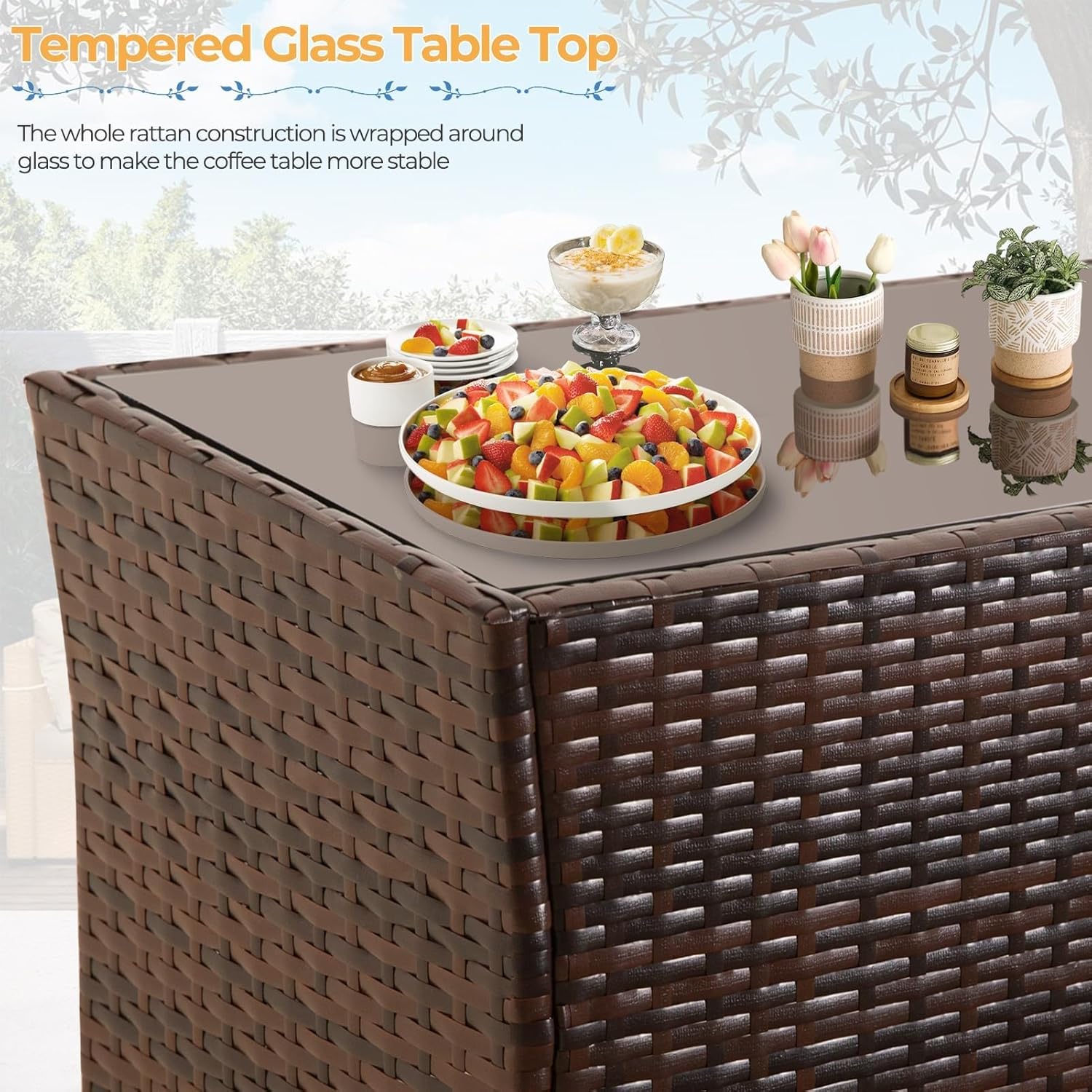 4 Piece Outdoor Patio Furniture Sets Wicker Conversation Sectional Set Rattan Chairs with Table and Loveseat for Backyard Porch Balcony Poolside Garden(Blue)