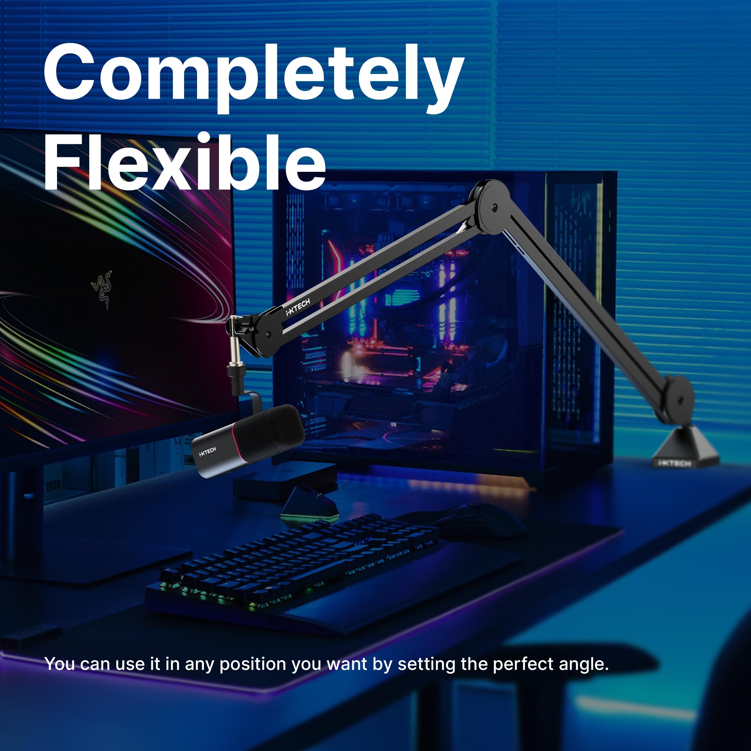 IXTECH Microphone Boom Arm Stand, Heavy Duty Adjustable Mic Stand with Cable Ties, Desk Mount Arm Stand for Gaming Streaming Podcasting (LARGE)