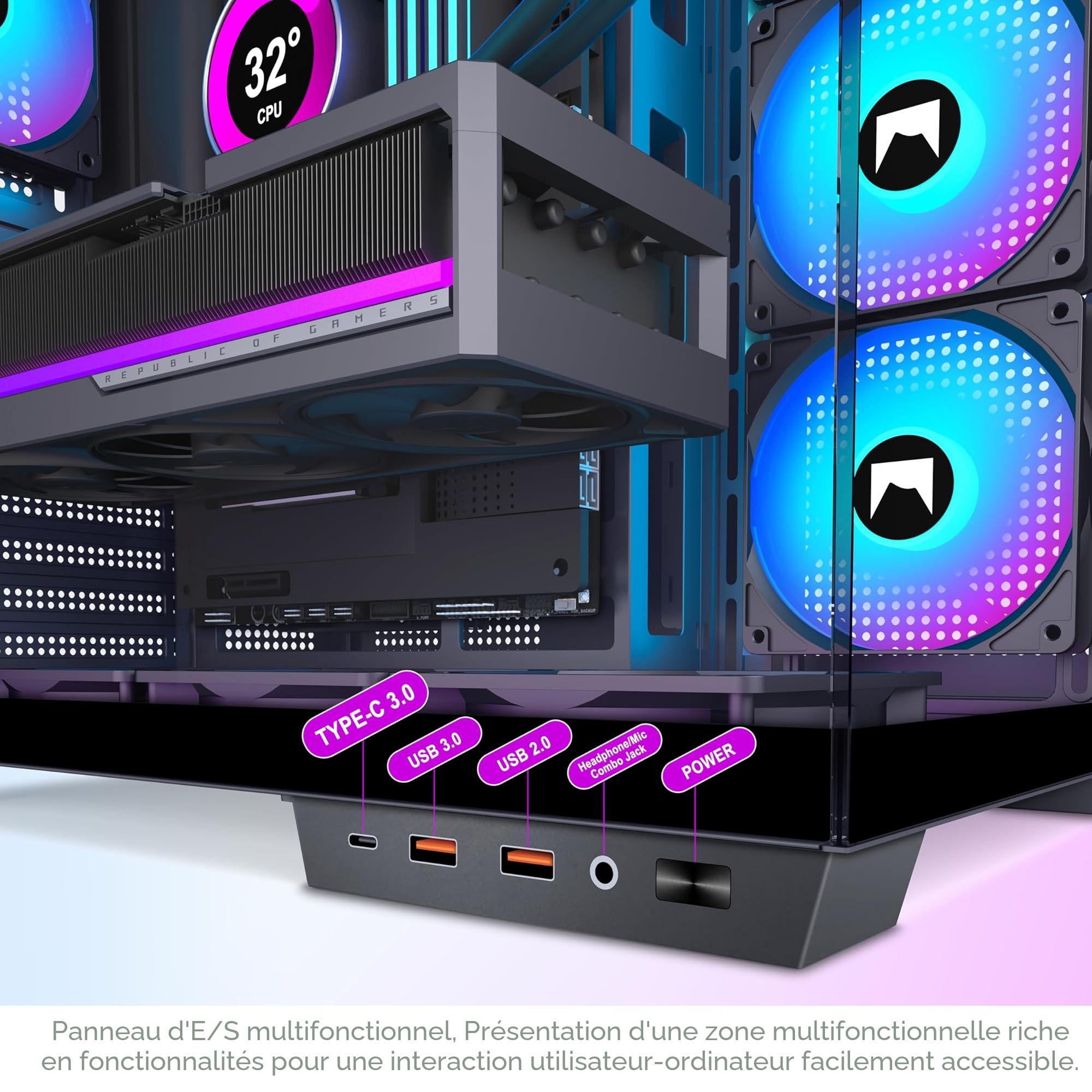 H1 ATX Boitier PC – 7 Ventilateurs PWM ARGB préinstallés, boîtier de PC de Jeu à Double Chambre, avec Type-C, Installation simultanée de 3 radiateurs de 360 mm (Noir, H1)