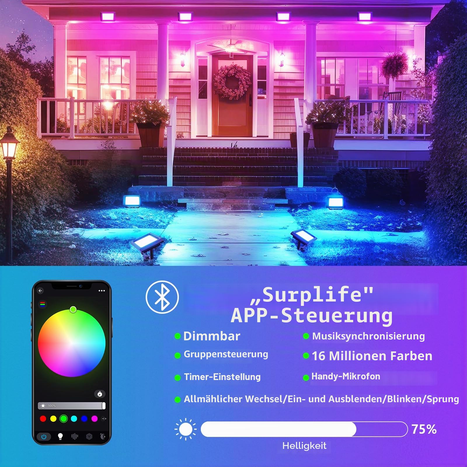 RIGIDON 4x RGB LED Strahler Fluter Außen, 200W 20000LM Smart RGBW Flutlicht | IP66 Farbwechsel Flutlichtstrahler mit APP & IR steuerung, Dimmbar Timer für Party Garten Baum Landschaft Disco Feiern Fest