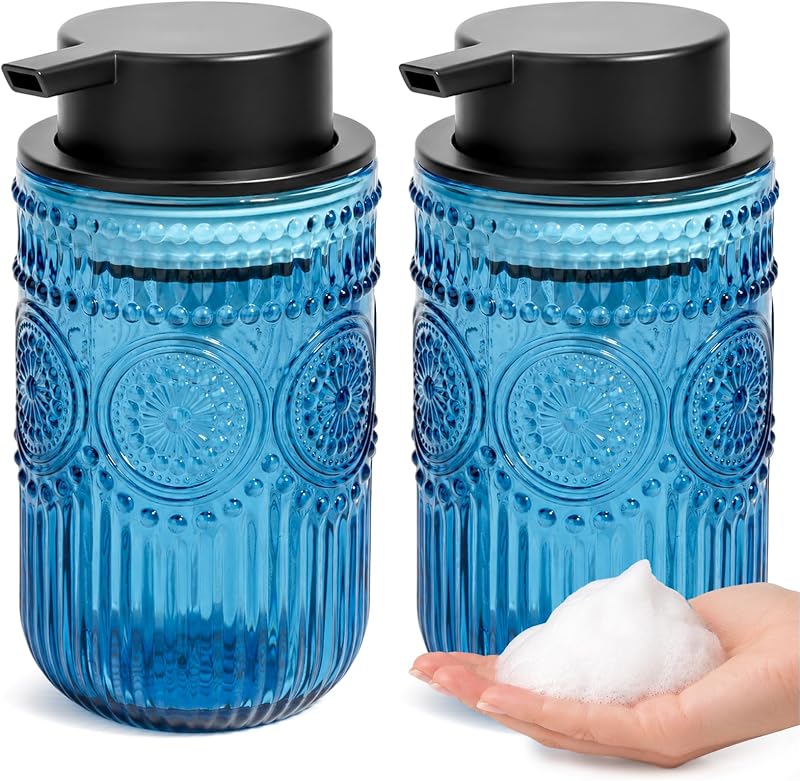 Dispensador de sabonete líquido espumante em vidro azul, recarregável, redondo, QeemTaco, pacote com 2