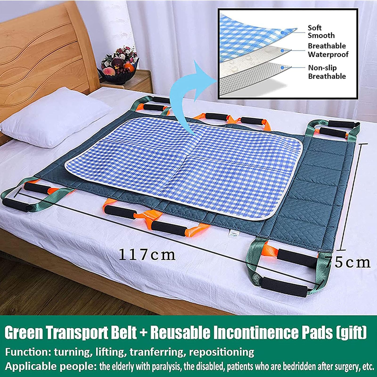 Almohadilla de Posicionamiento para Cama con Asas Reforzadas, Hoja de Transferencia Lavable Reutilizable para Girar, Levantar, Reposicionar, 46 "x 29,5