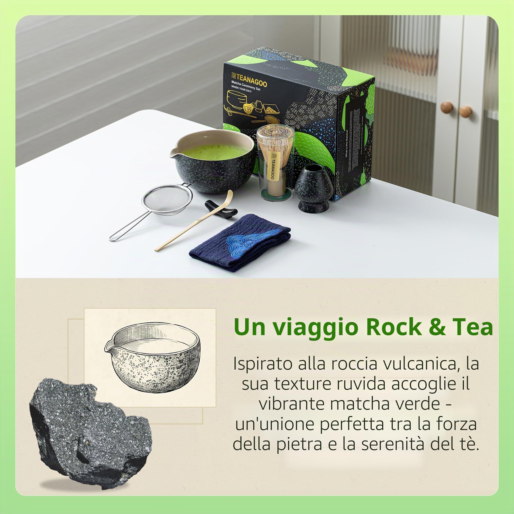 TEANAGOO MATCH KIT, Set da 7 pezzi, Matcha Cerimoniale, Matcha set da tè matcha per preparare la colazione/latte, set con ciotola (chawan)/frusta matcha, Idee Regalo di Eleganza per gli Amanti del Tè