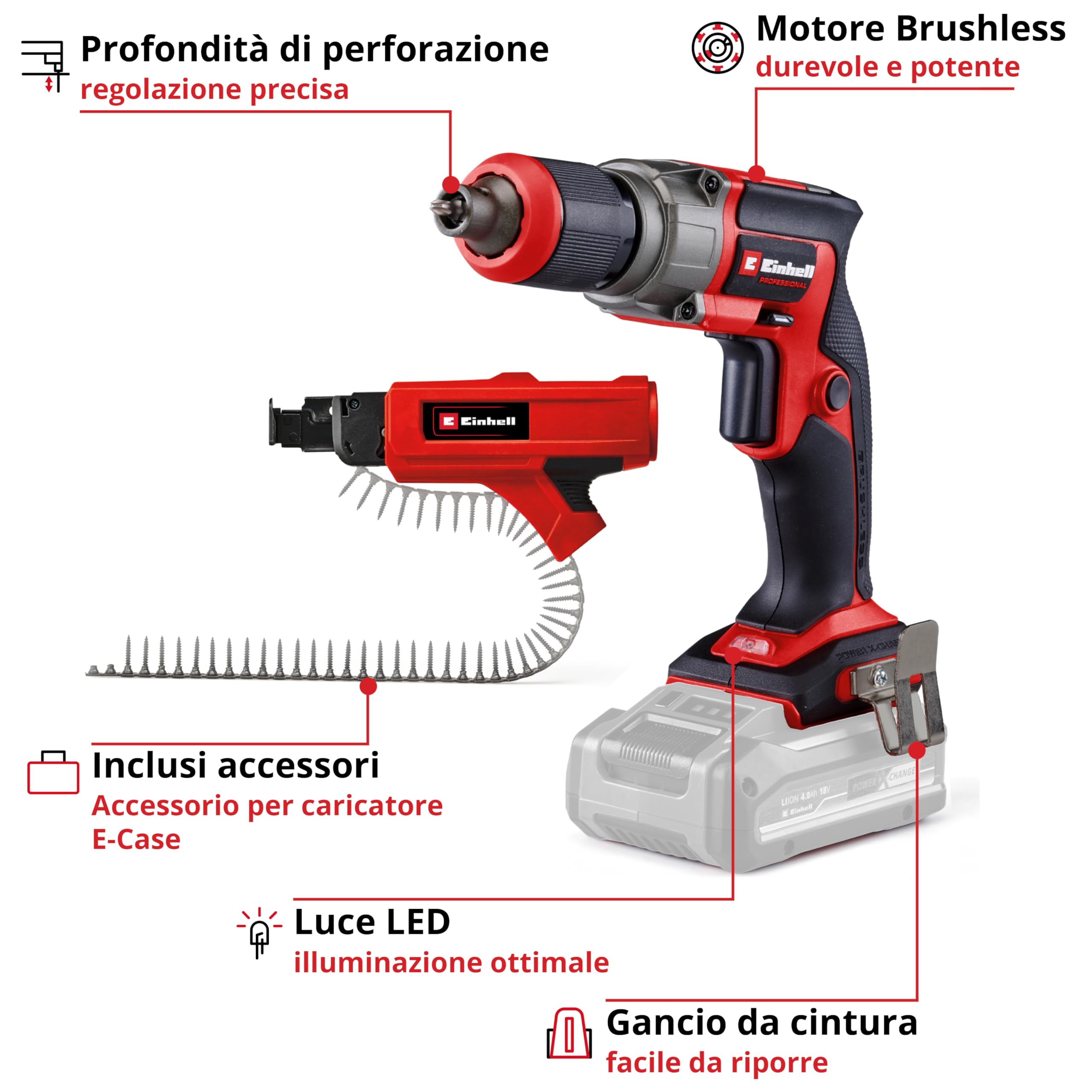 Avvitatore per cartongesso Einhell Professional TP-DY 18 Li BL + caricatore Power X-Change (18 V, Brushless, arresto di profondità, esercizio in continuo, incluse 2 punte, E-Case, batteria esclusa)