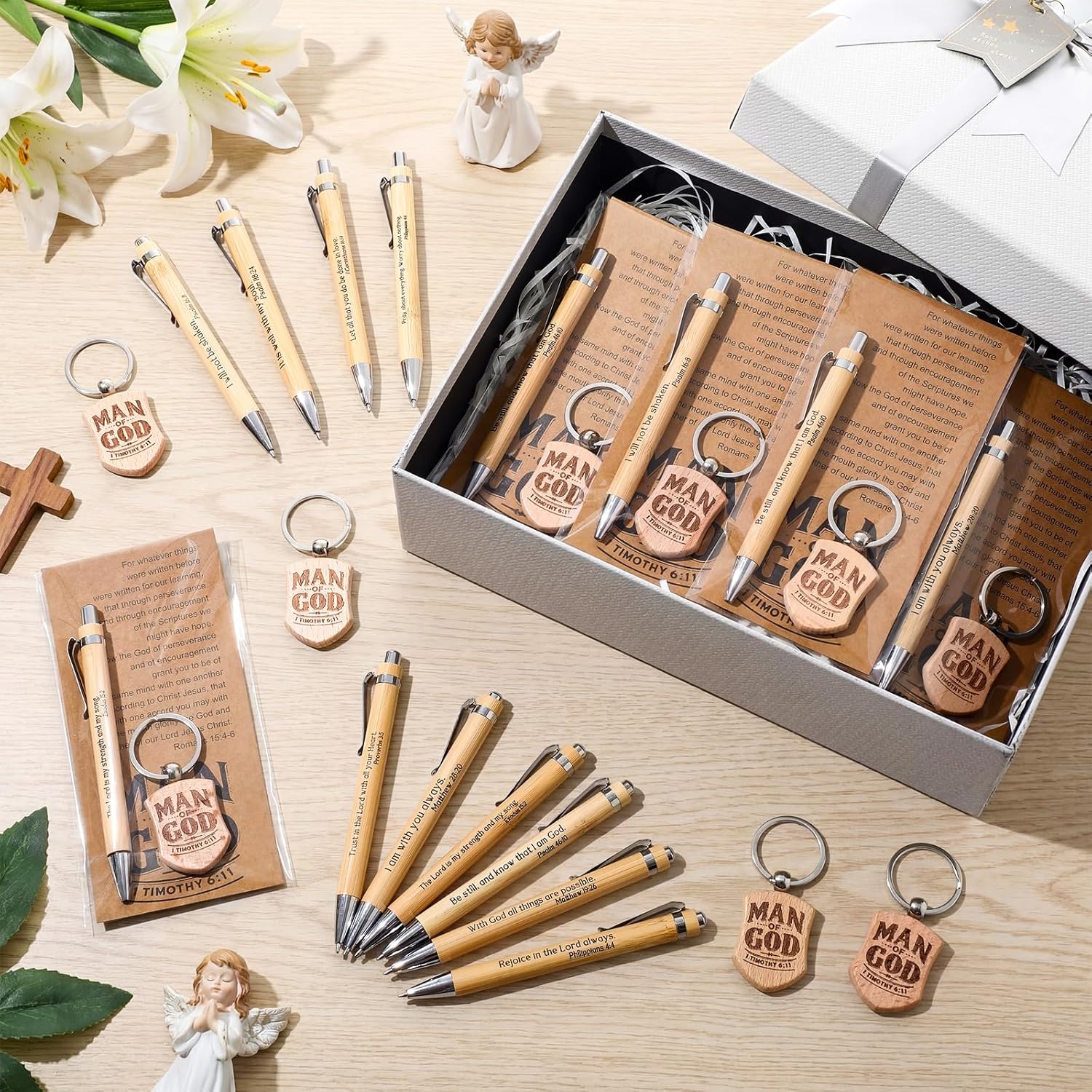 Chiisong Christian Gift Set for Men, Man of God Keychain Bamboo Pen Scripture Card for Father's Day Teacher Religious Church