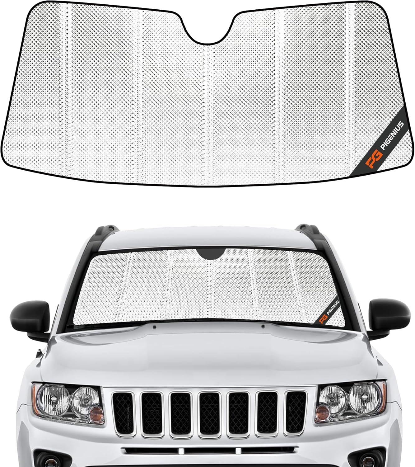 Windshield Sun Shade for Jeep Compass 2009-2017; Old Body Style 2017 Reflective Aluminum Film Front Window Sunshade - BLAZBLOCK 2009-2017 Jeep Compass Classic Shiny Silver